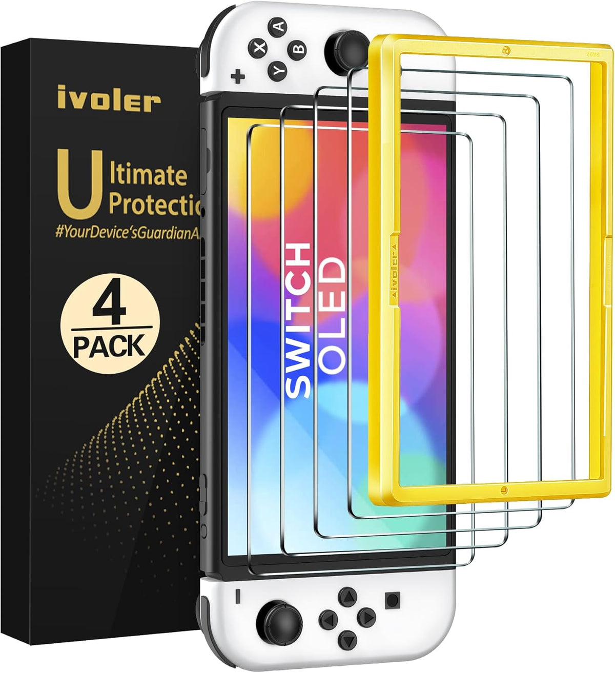 ivoler [4-Pack for Switch 2 Screen Protector with Alignment Frame Tool, 30-second installation- Bubble-Free Application - 9H Hardness -Tempered Glass Protection Film for Nintendo Switch 2 Model 2025