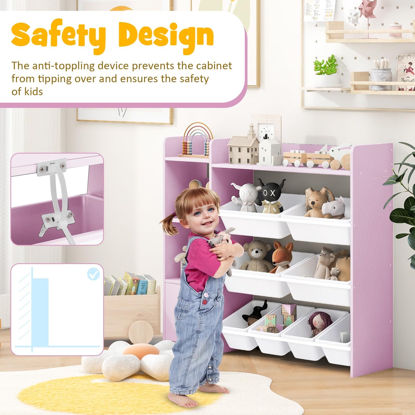 GYMAX Toy Storage Organizer, 4 Tiers Kids Bookshelf and Toy Storage Unit with 8 Bins, Open Shelves and Enclosed Cabinet, Children Bookcase for Playroom Bedroom Nursery (Pink)