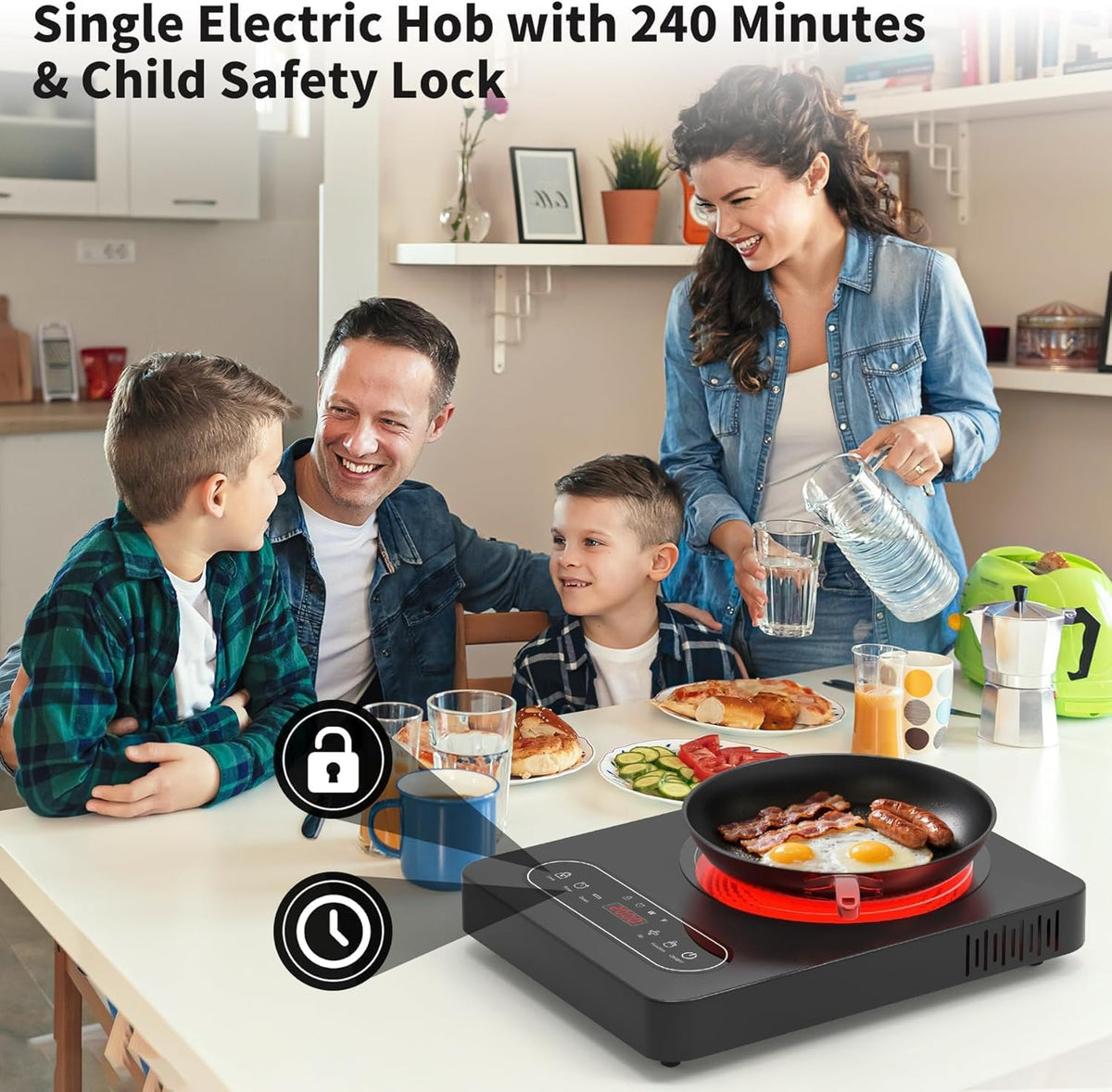VBGK Portable Ceramic Hob, 2000W Portable Electric Hob, Electric Ceramic Hob, Single Cooking Zone with LED Display, 4-Hours Timer, Safety Lock, Residual Heat Indicator