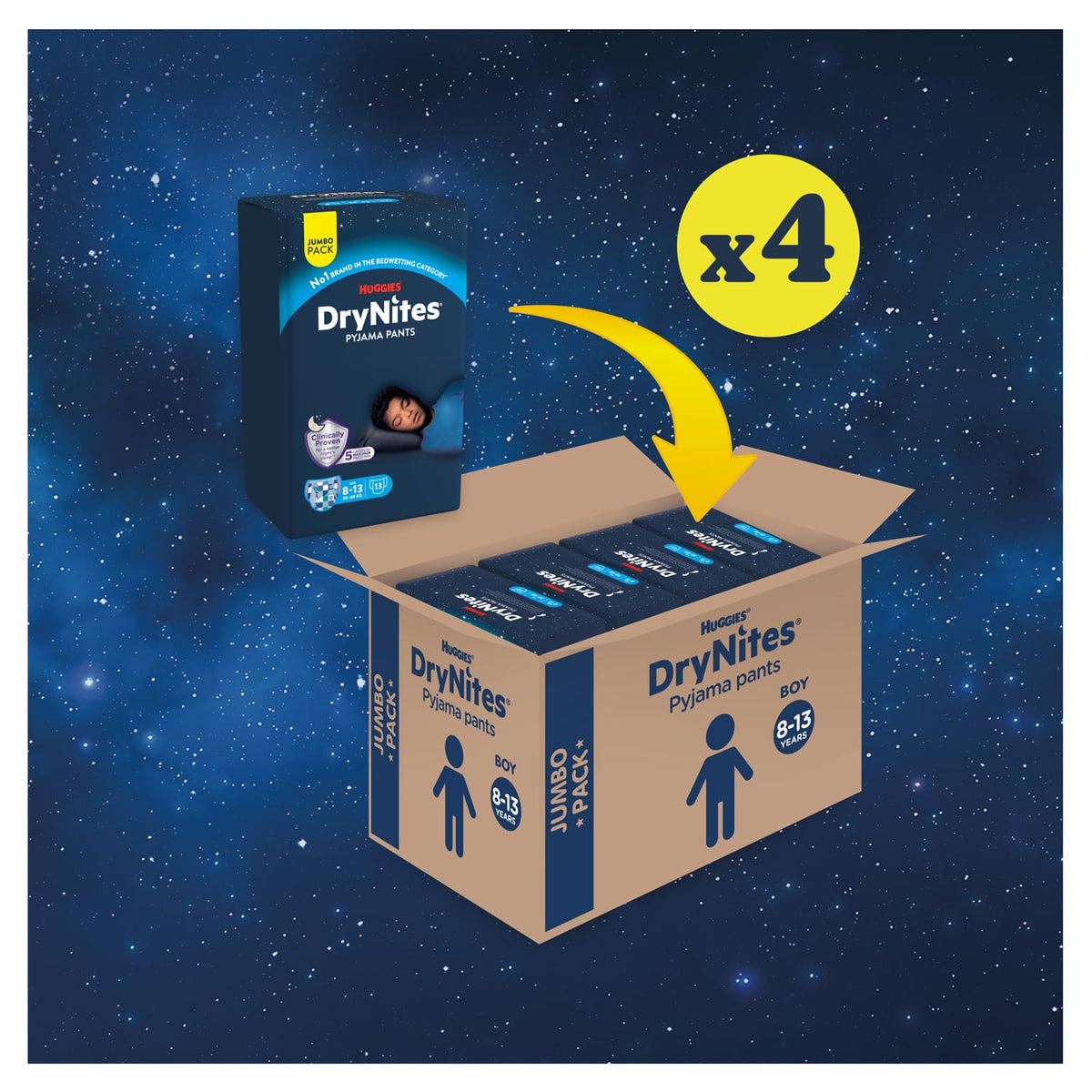 HUGGIES DryNites, Pyjama Pants, Boys 4-7 Years (17-30KG), 64 x bedwetting Pants, Up to 100% Leak Free Nights