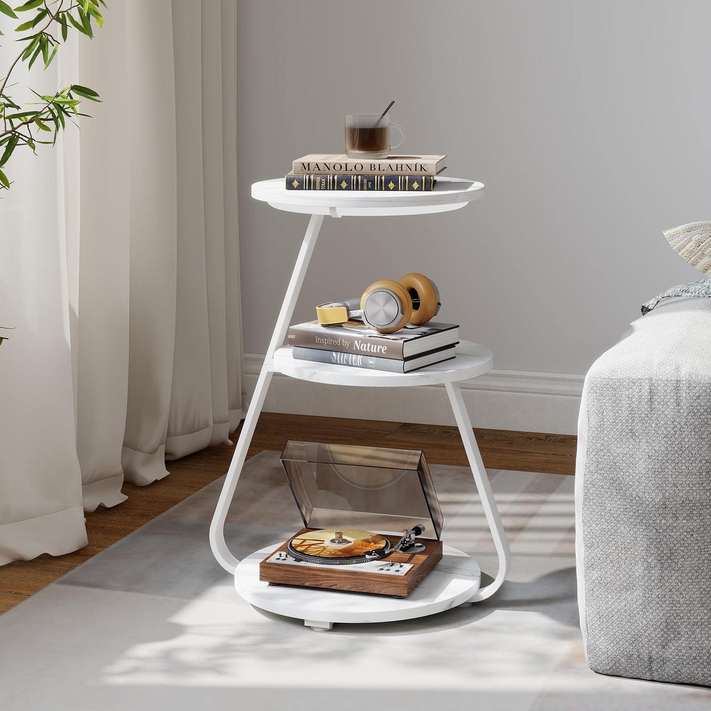 ARTETHYS Side Table, Small Round Coffee Table with 3 Color LED Lights, End Table with 3 Tier Storage Shelves, Bedside Sofa Side Tables for Living Room Bedroom, Rustic Brown