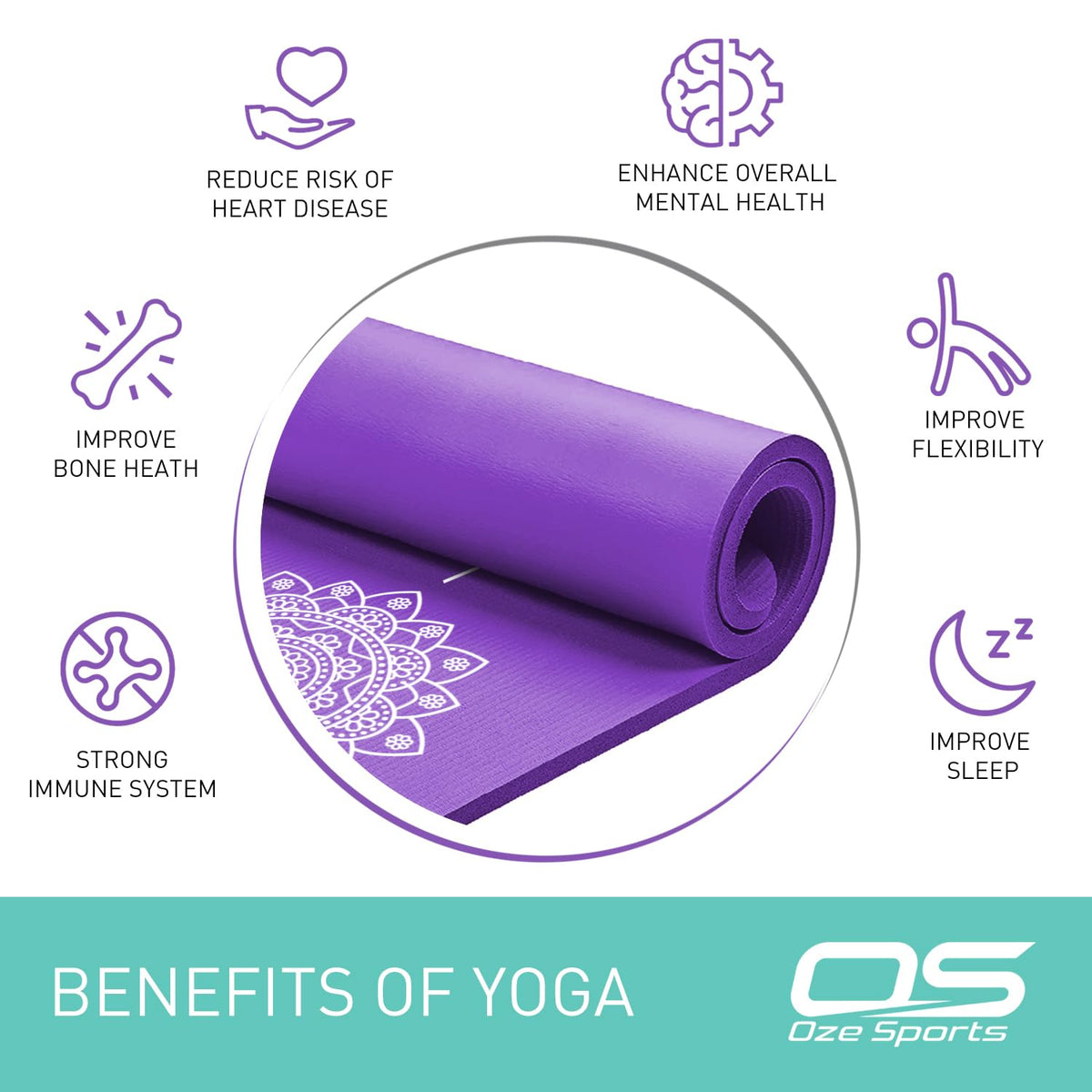 OZE SPORTS Yoga Mat, NBR Foam, Extra Thick, Non-Slip, High Density, Large, for Pilates, Gymnastics, HiiT and Fitness, with Free Carry Strap