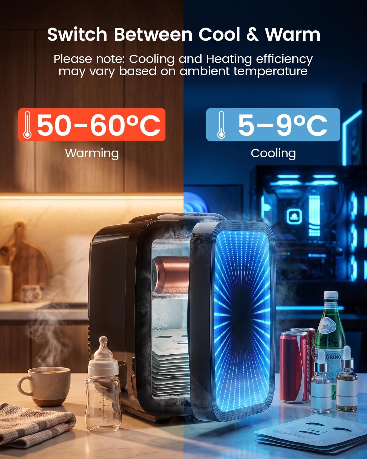 Mini Fridge, 4 Litre/6 Can Small Fridge with Dimmable LED Light, AC/DC Portable Mini Cooler and Warmer, Gaming Fridge for Bedroom, Office, Games Room and Car Great Gift for Teens