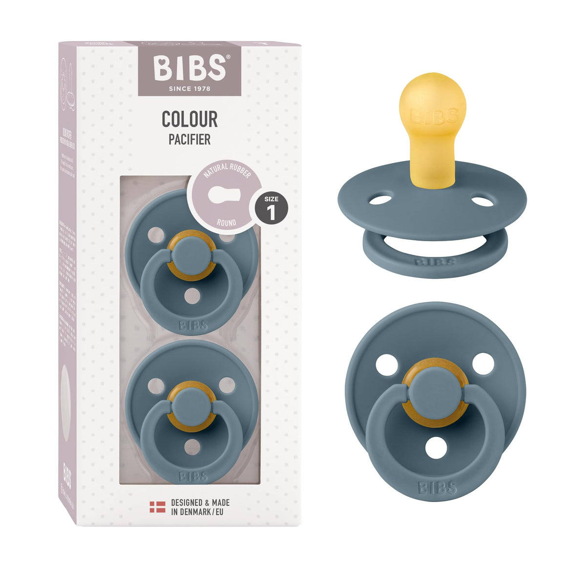 BIBS Colour Soother 2-Pack, BPA Free Dummy Pacifier, Round Nipple. Natural Rubber Latex, Made in Denmark, Size 2 (6-18 Months), Baby Blue