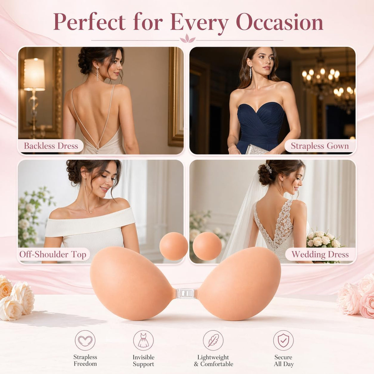 Bvanzo Stick On Bra for Women, Invisible Sticky Backless Strapless Push Up Bra with Sticky Bra Push Up, Skin Friendly and Breathable, Reusable Silicone Adhesive Bra