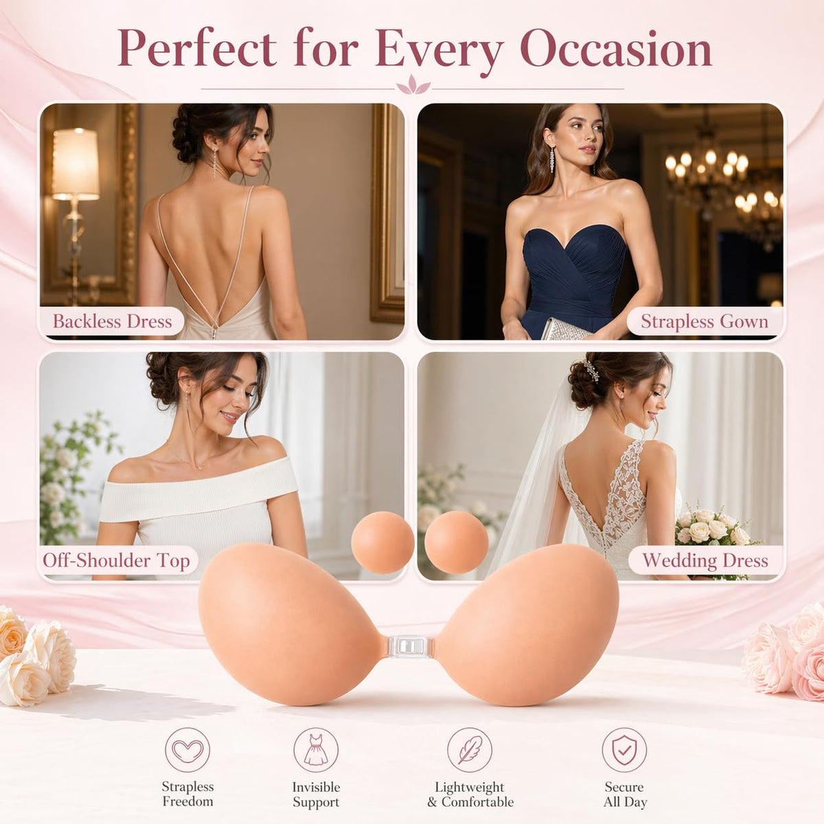 Bvanzo Stick On Bra for Women, Invisible Sticky Backless Strapless Push Up Bra with Sticky Bra Push Up, Skin Friendly and Breathable, Reusable Silicone Adhesive Bra
