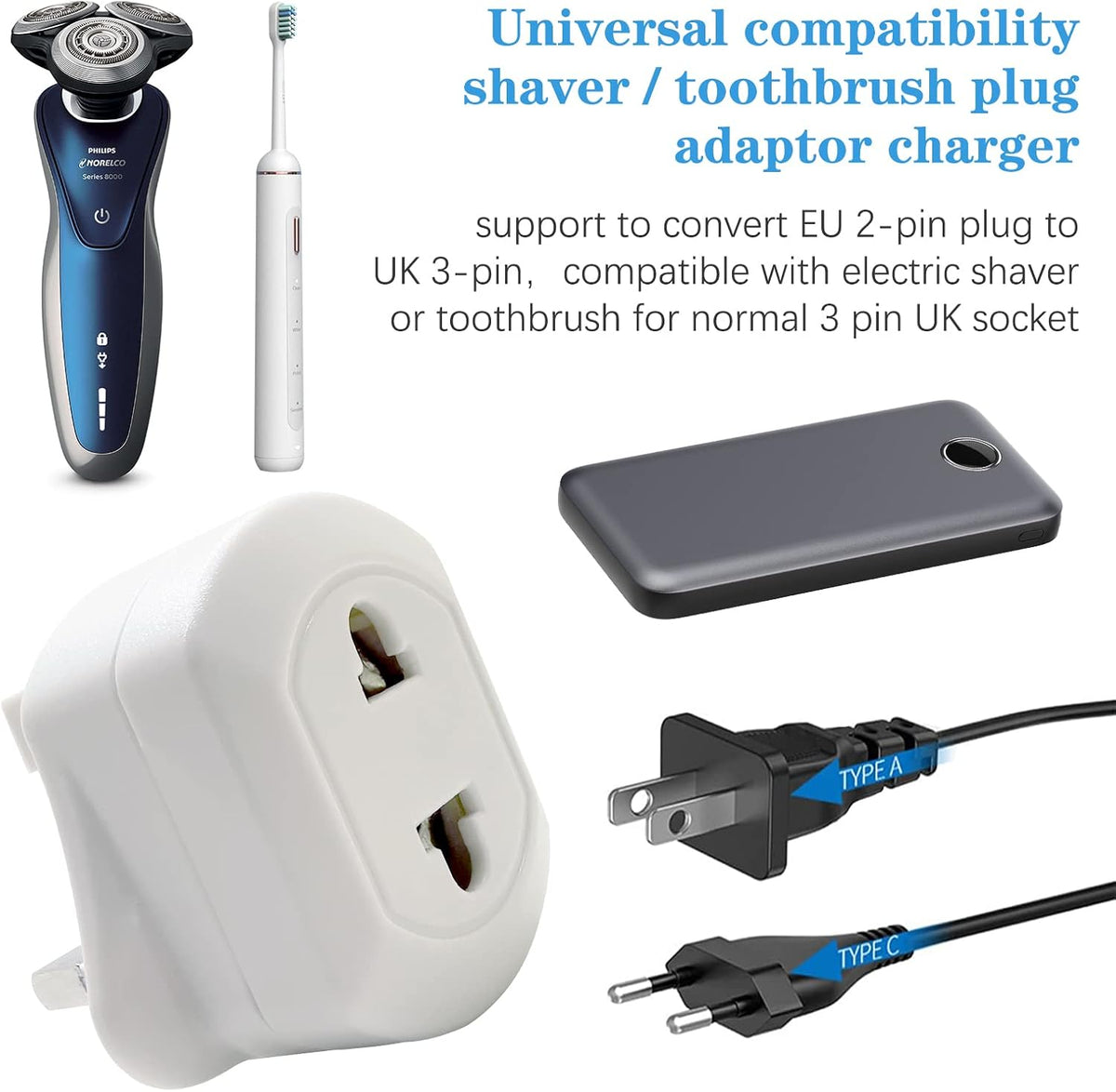 2 Pack Shaver Adapter Plug UK, Electric Toothbrush Adapter Plug UK, Toothbrush Adapter Plug UK, Bathroom Plug Adaptor UK, Plug for Toothbrush Charger UK