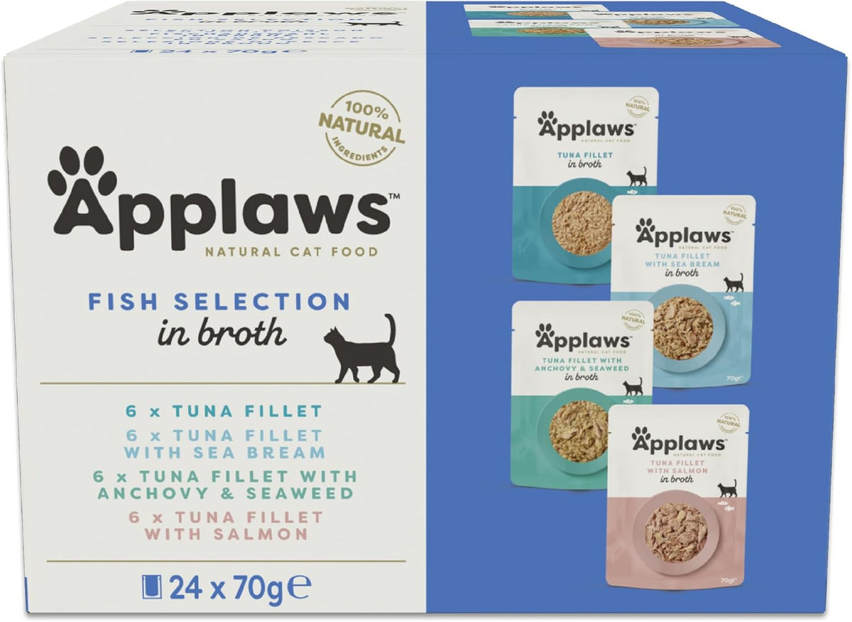 Applaws 100% Natural Wet Cat Food, Pouch Multipack Fish Selection in Broth, 70 g (24 x 70g) Pouches