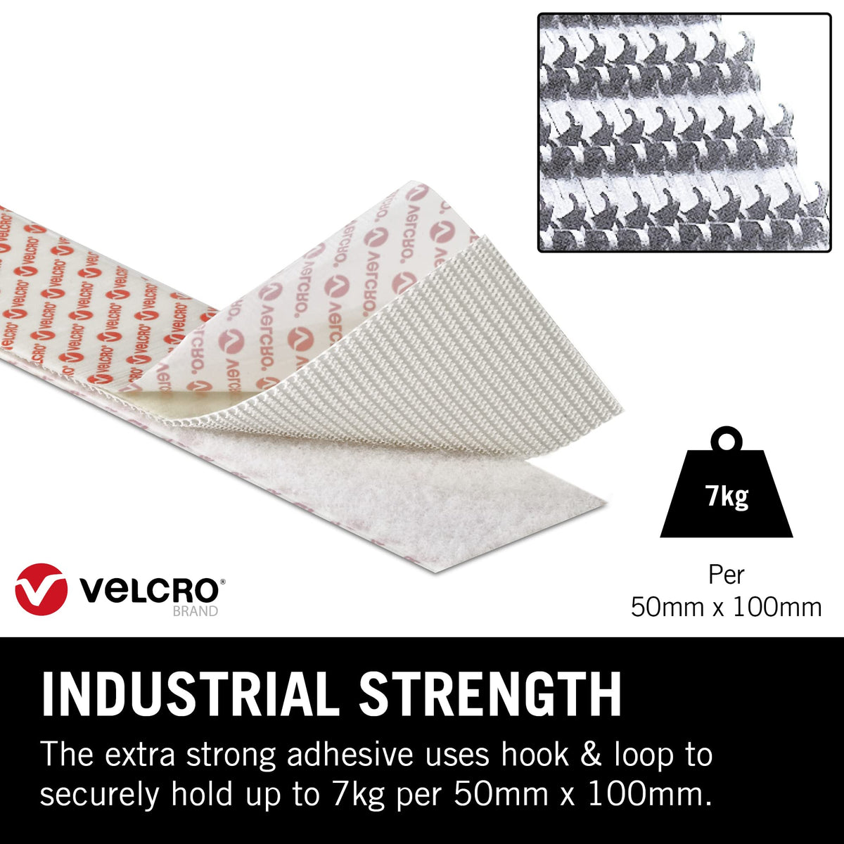 VELCRO Brand Heavy Duty Stick On Tape Cut-to-Length Industrial Extra Strong Double Sided Hook & Loop Self Adhesive Tape Perfect for Room Décor & Home, Office, Garage Use Black 50mm x 1m