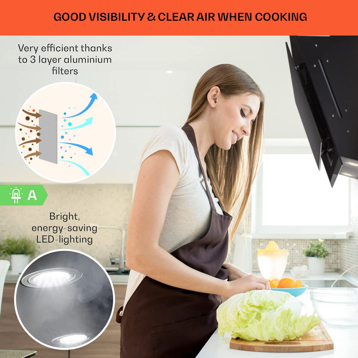 Klarstein Alina 90 Angled Cooker Hood - 615m³/h Air Flow, Touch Panel, LED Backlighting, Quiet 63dB, Energy Class A, 90cm Extractor Hood, Black