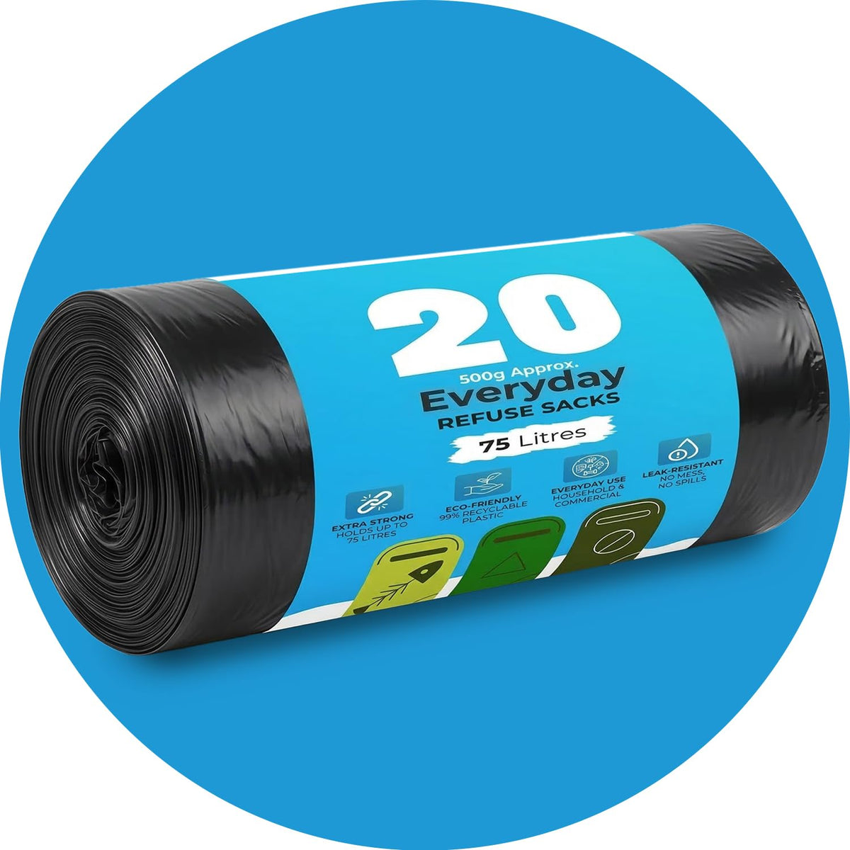 Roe Tenpo 100 Pack Heavy Duty Black Bin Bags – 100L, 33 μm Recyclable Refuse Sacks, Leak-Proof Bin Liners – Rubbish Bags for Kitchen, Home, DIY & Garden, Household, Office & Catering