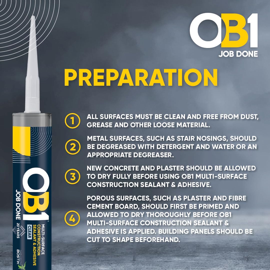 OB1 Clear Multi-Surface Construction Sealant & Adhesive, 290ml 2in1 formula