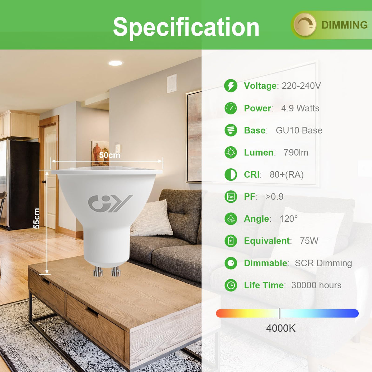 GY GU10 LED Bulb 4.9W 790lm Cool White 6500K Energy Saving LED Bulb, The New UK Energy Efficiency Class B Replaces 80W, 110°Beam Angle Non-Dimmable, 10 Pack