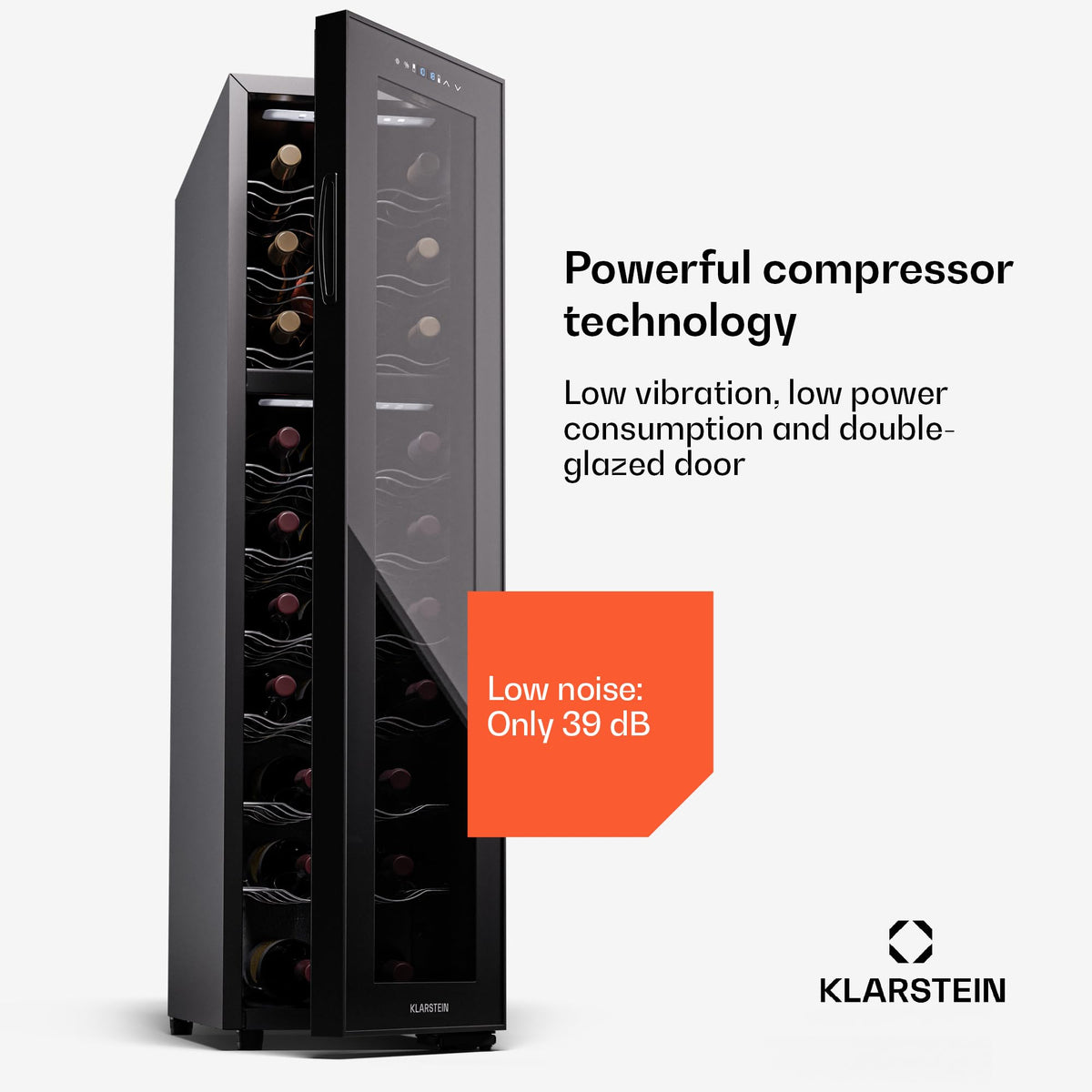 KLARSTEIN Shiraz Wine Cooler Black – 8 Bottles, 1 Zone | Freestanding Wine Fridge with Glass Door, Quiet, 5–18 °C, LED, Stainless Steel Frame