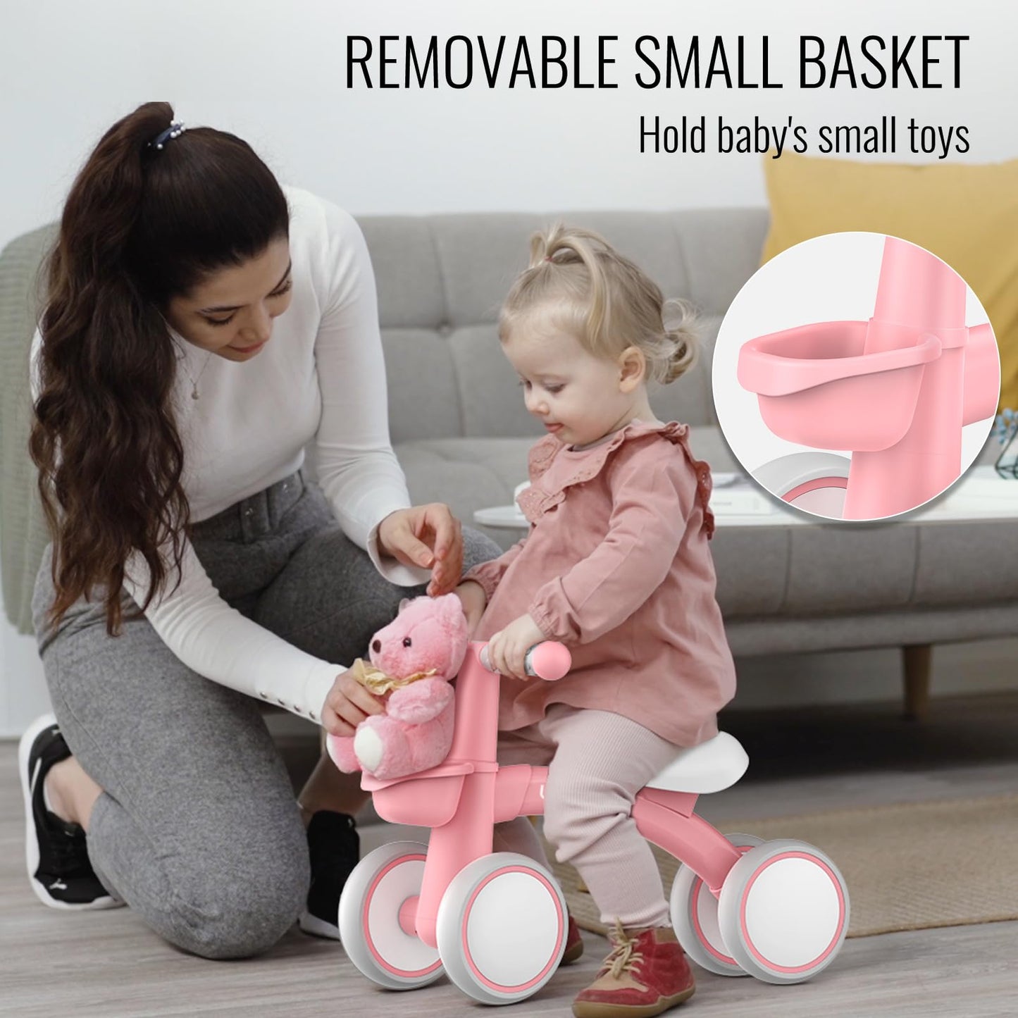 Umatoll Baby Balance Bike for 1 Year Old Boys Girls, 12-24 Months Toddler Balance Bike with Removable Basket, Adjustable Seat, 4 Wheels Infant Bike, First Birthday Gift