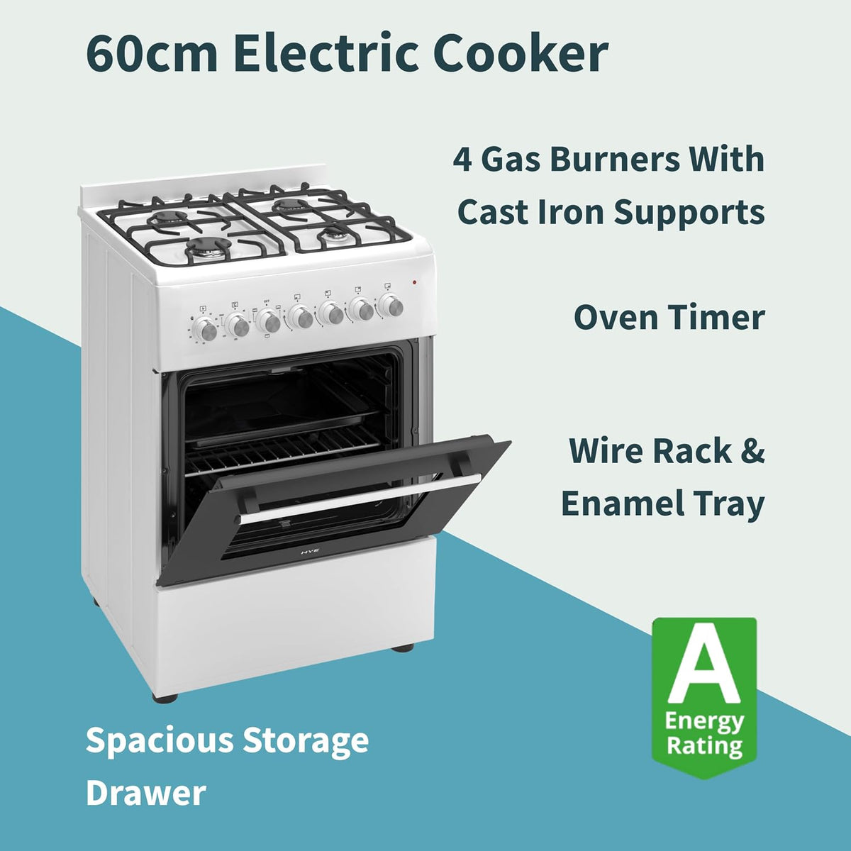 HYE Gas Cooker - 4 Gas Burners, 62L Electric Oven