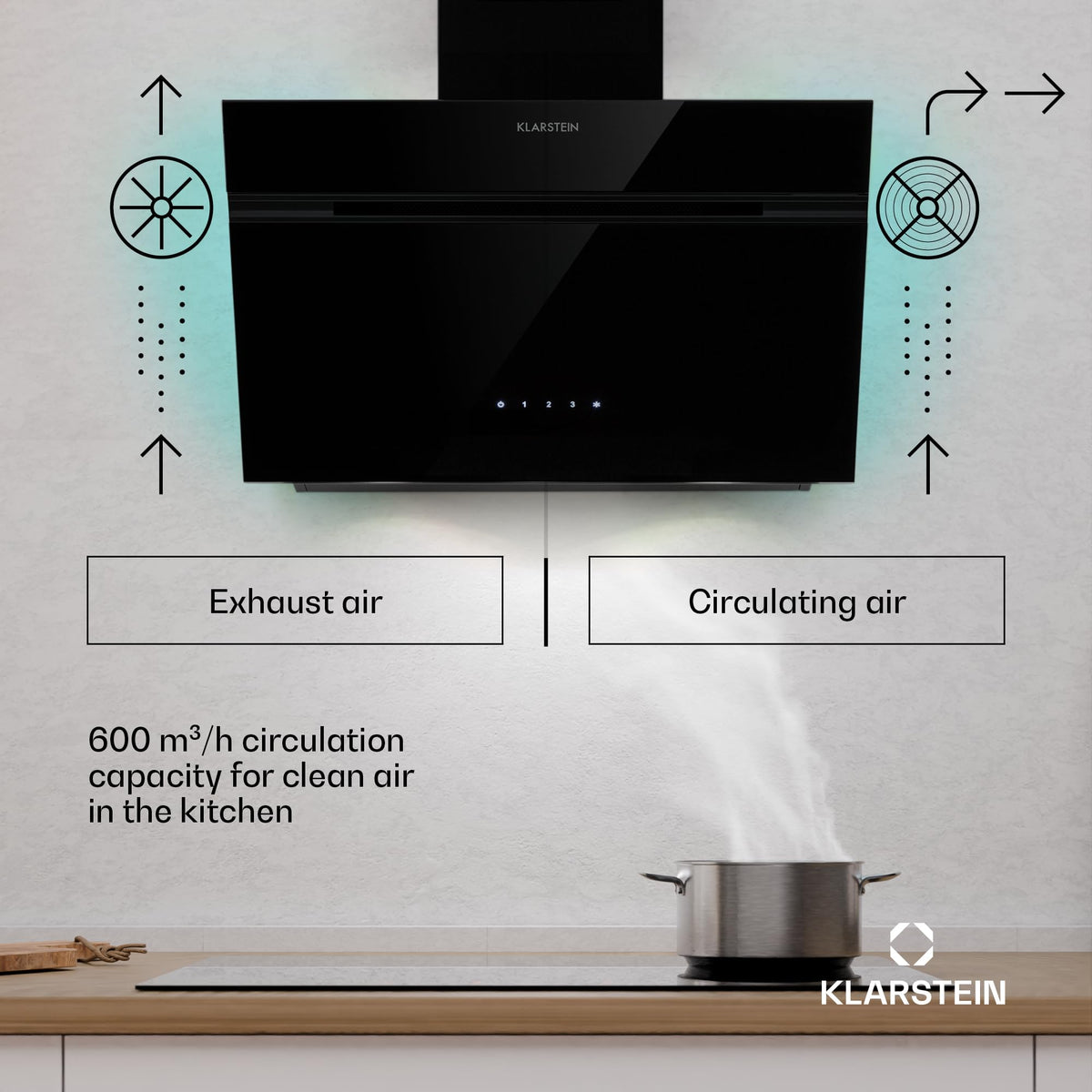 Klarstein Alina 90 Angled Cooker Hood - 615m³/h Air Flow, Touch Panel, LED Backlighting, Quiet 63dB, Energy Class A, 90cm Extractor Hood, Black