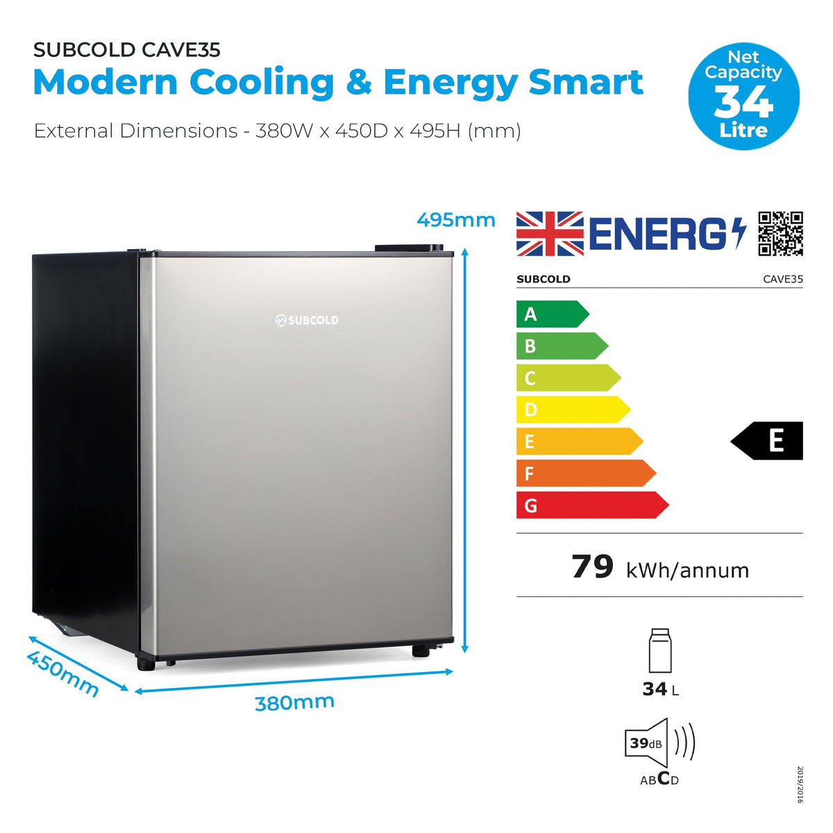 Subcold Cave35 Beer Fridge | 35L | 0-8°C | LED | Stainless Steel Door