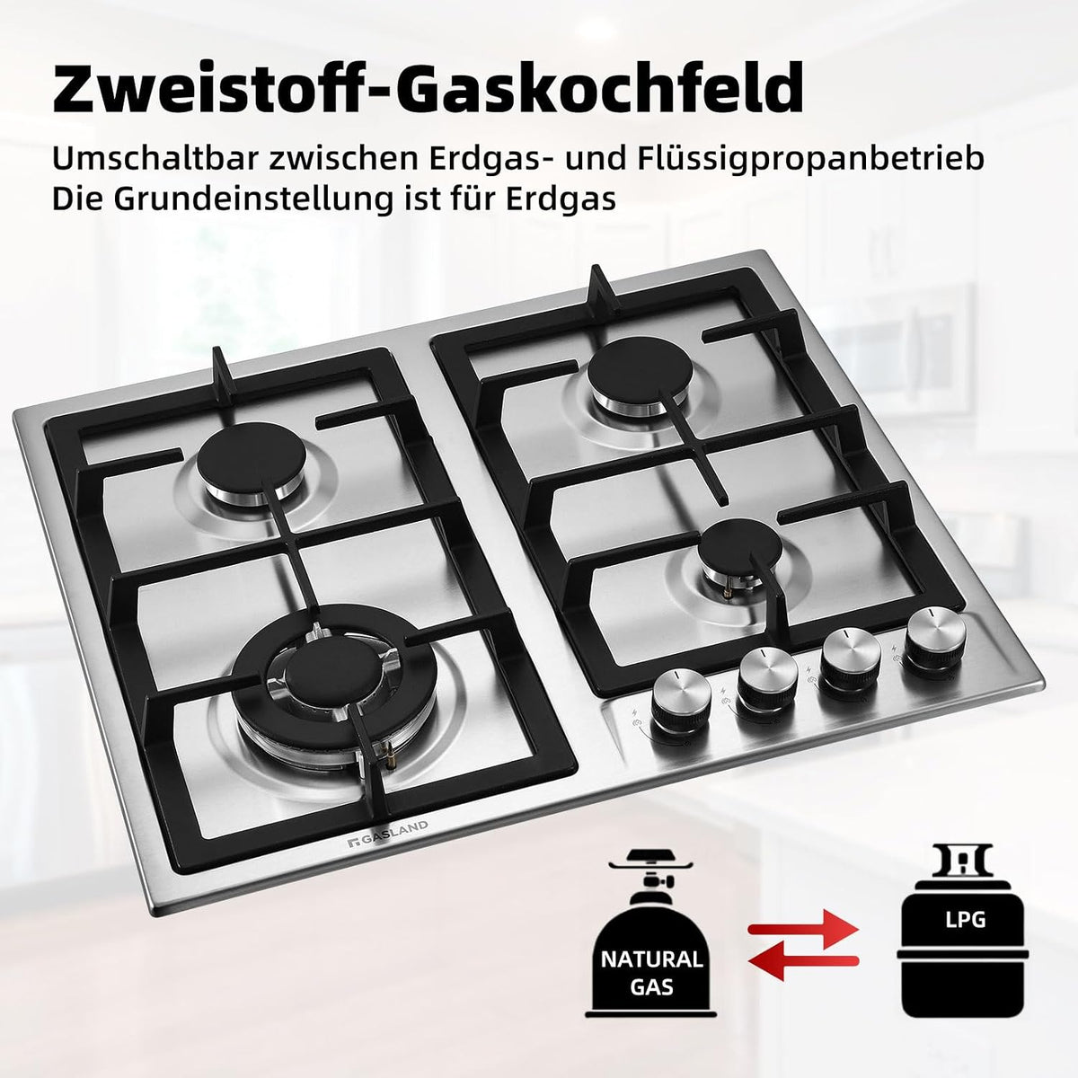 GASLAND GH60SF 60cm Built-in Gas Hob, 4 Burners Stainless Steel Gas Cooktop with Flame Failure Protection, NG/LPG Convertible, 8000W