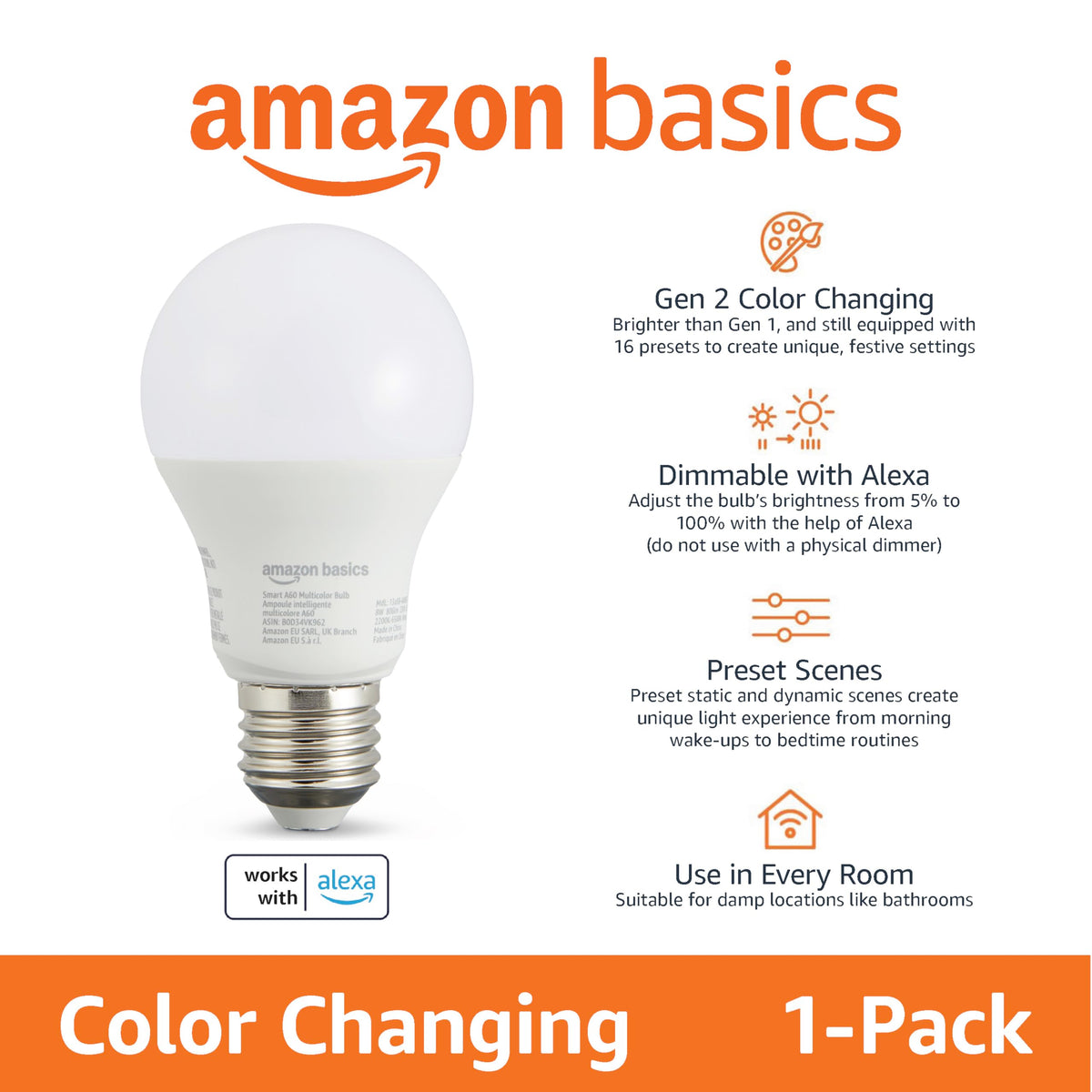 Amazon Basics Smart Dimmable LED Light Bulb, B22 Base, Soft White, 8W (60W Equivalent), Works with Alexa Only, 1 Pack