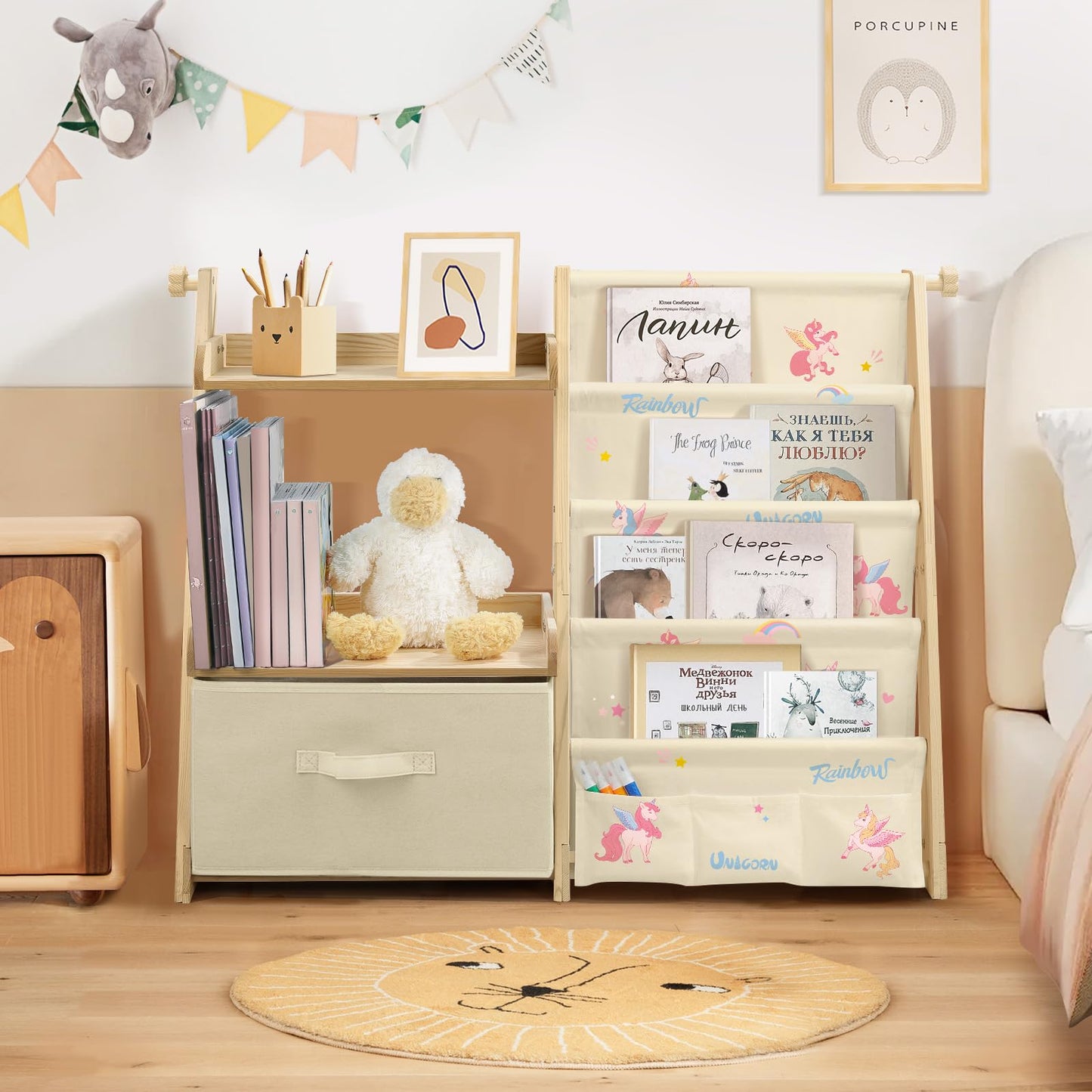 Kids Bookshelf and Toy Storage, Montessori Wooden Children Bookcase and Toy Organizer, 4-tier Toddler Sling Book Shelf with a Large Storage Box for Nursery, Bedroom, Playroom (Terrazzo)