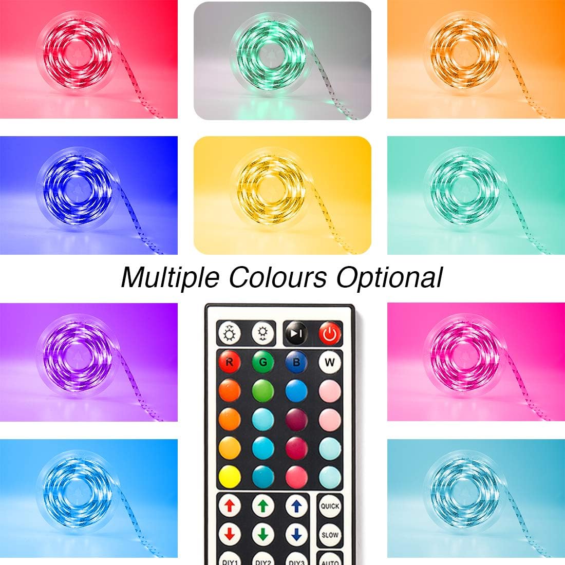 phopollo 5m RGB LED Strip Lights with Remote for Bedroom, Party.24V 5050 RGB, 44-Key Remote, Flexible Adhesive, Bedroom/Party Use