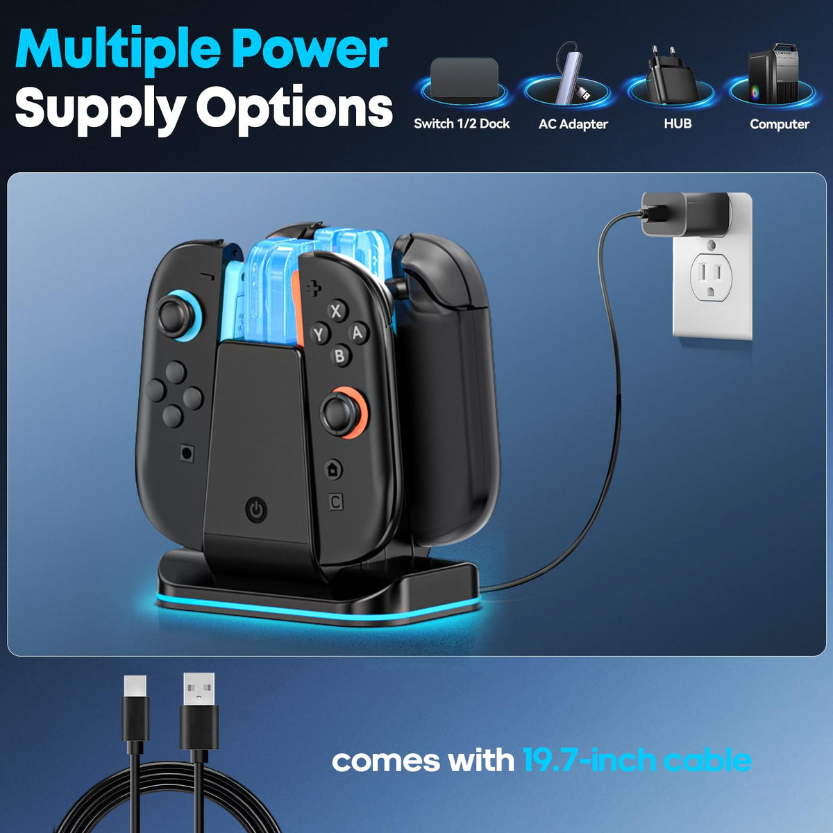 Rysker RGB Switch 2 Controller Charger for Joy-pad 2, 2H Fast Joycon 2 Charging Dock for Any Direction Charging, 9 Light Modes Switch 2 Joycon Charger Station