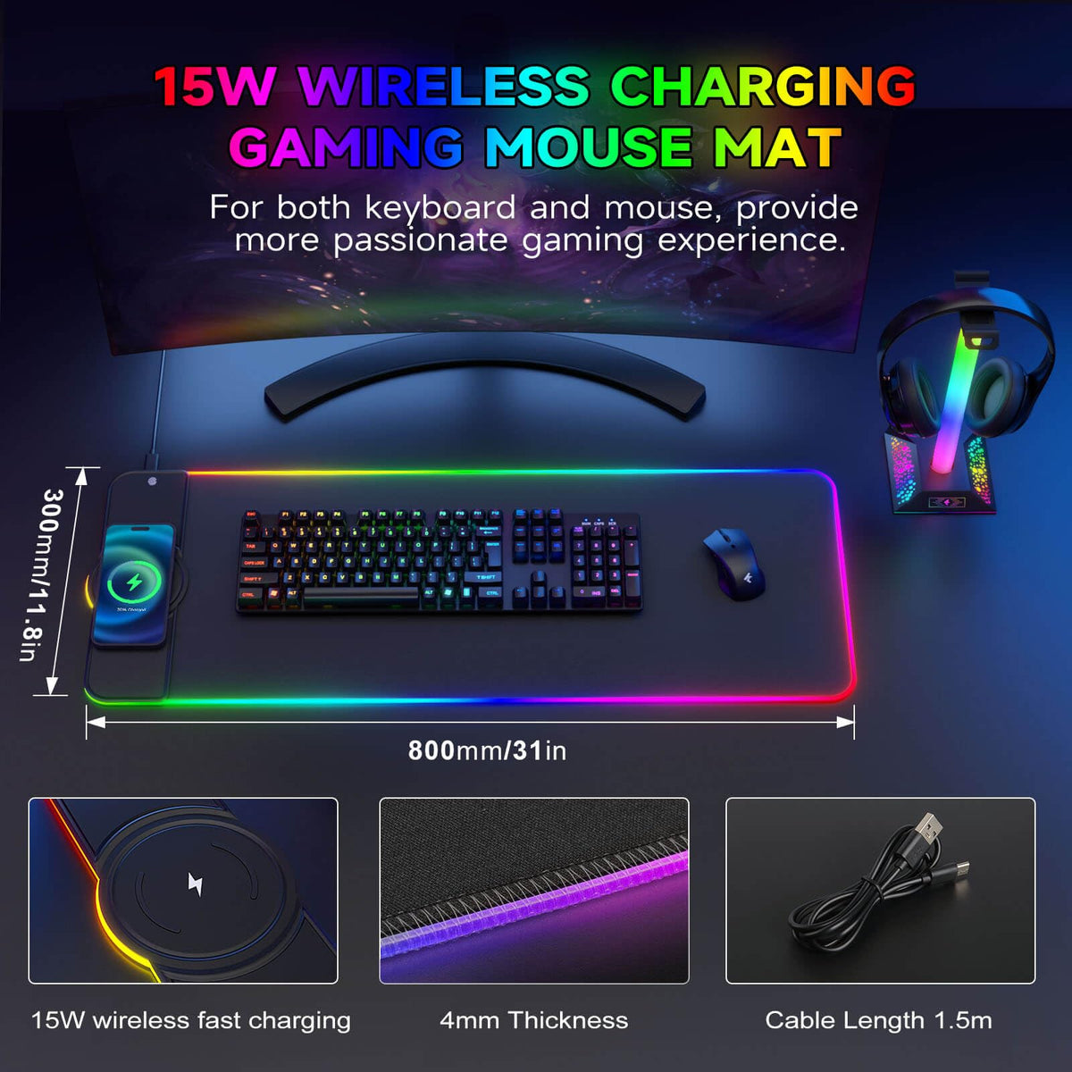 Hcman Charging RGB Gaming Mouse Pad - Wireless 15W Mousepad LED Extra Large