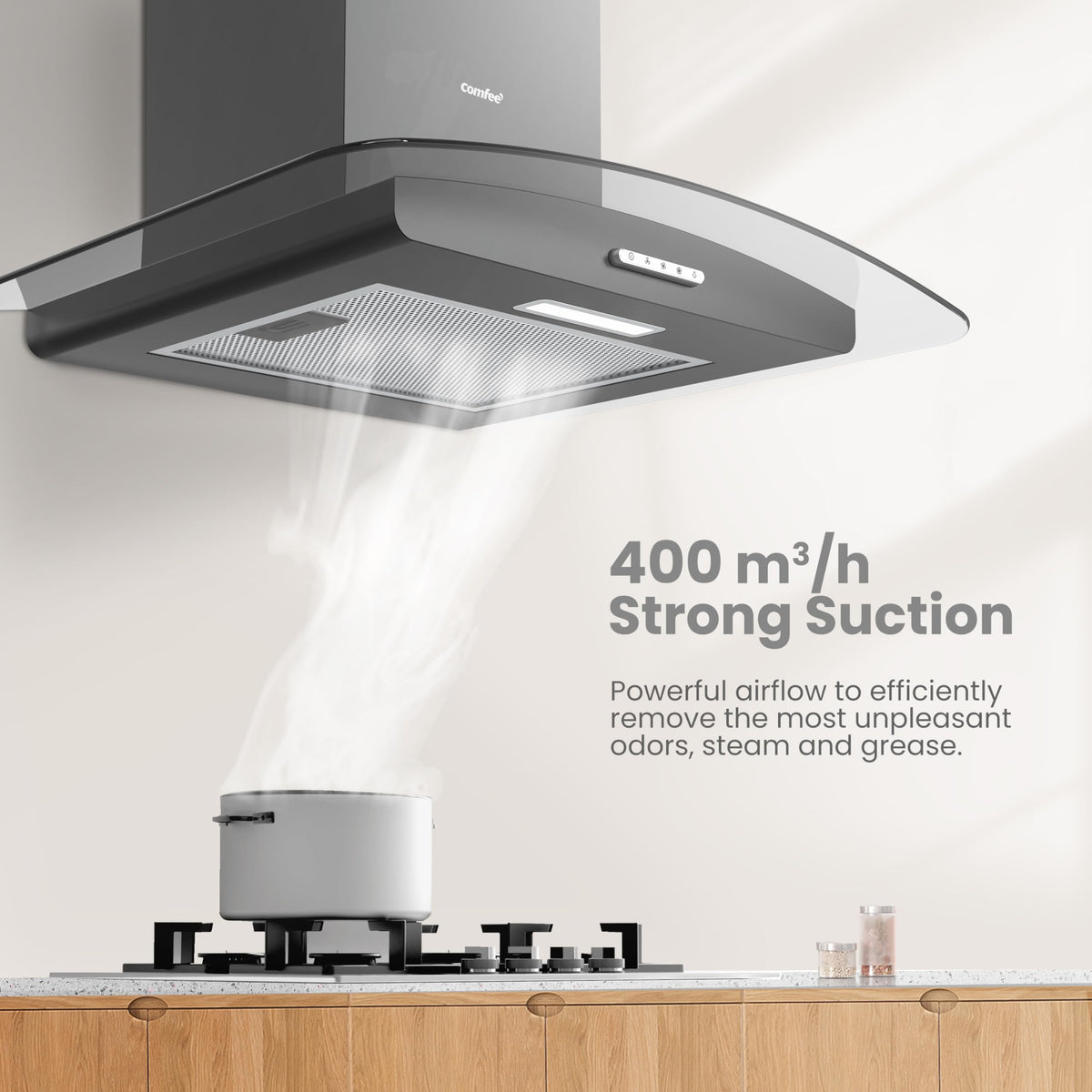 COMFEE' 60cm Cooker Hood, Glass Extractor Hood, Stainless Steel