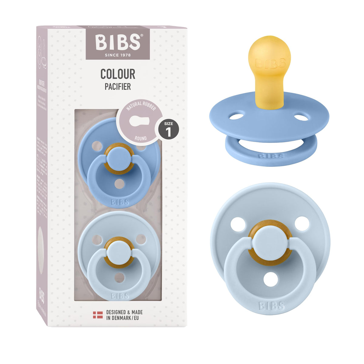 BIBS Colour Soother 2-Pack, BPA Free Dummy Pacifier, Round Nipple. Natural Rubber Latex, Made in Denmark, Size 2 (6-18 Months), Baby Blue