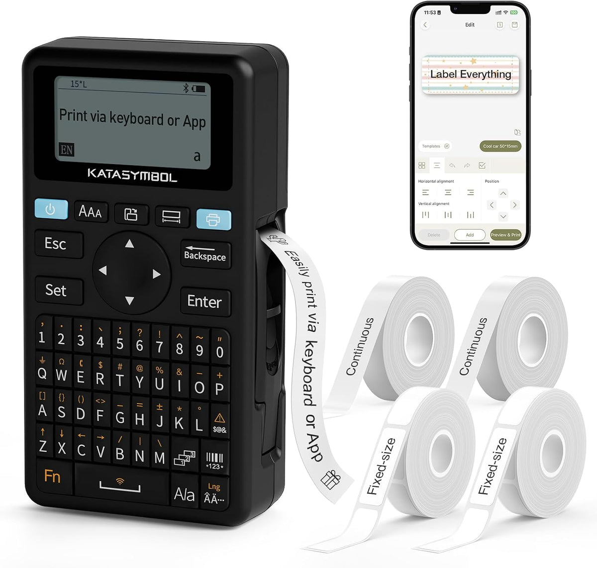 SUPVAN E11 Keyboard & Bluetooth Label Maker Machine with 4 Tapes, Black