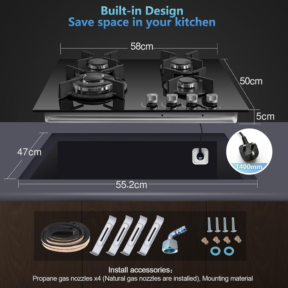 TopStrong Gas Hob 4 Burners, 60cm Black Glass Built-in Cooktop with 8060W Wok Burner & Thermocouple Protection, Natural Gas & LPG Compatible