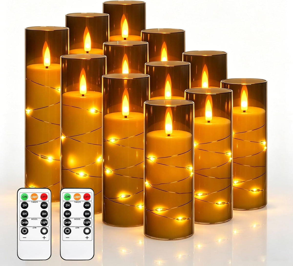 5 Pack Ivory Transparent Taper Candles, Black Wick Flickering Flameless LED Candles with Fairy Lights, Heat Resistant Reusable Plastic Candles, Remote Control, 14/14/16/18/20cm, Indoor Outdoor Decor