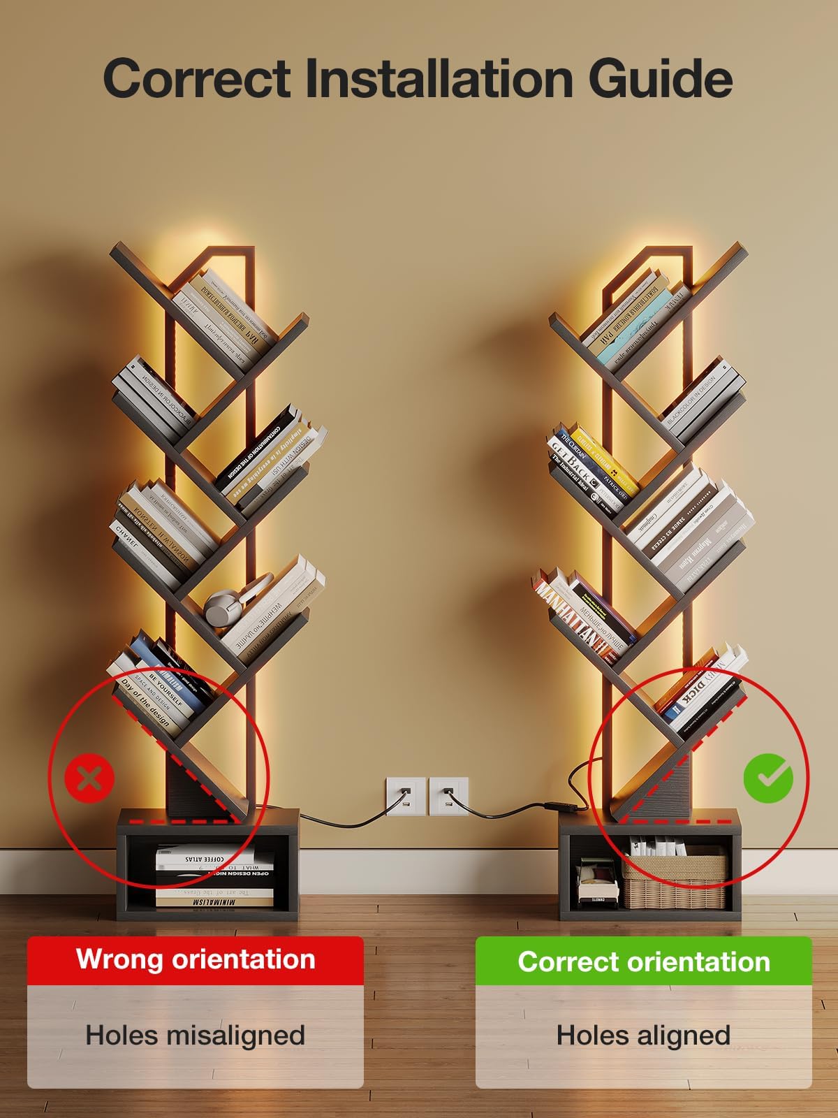 Coleshome Tree Bookshelf, 6-Tier Floor Standing Bookcase, Bookcases suitable for bedrooms and living rooms, Wooden bookshelves suitable for bedrooms and living rooms, White