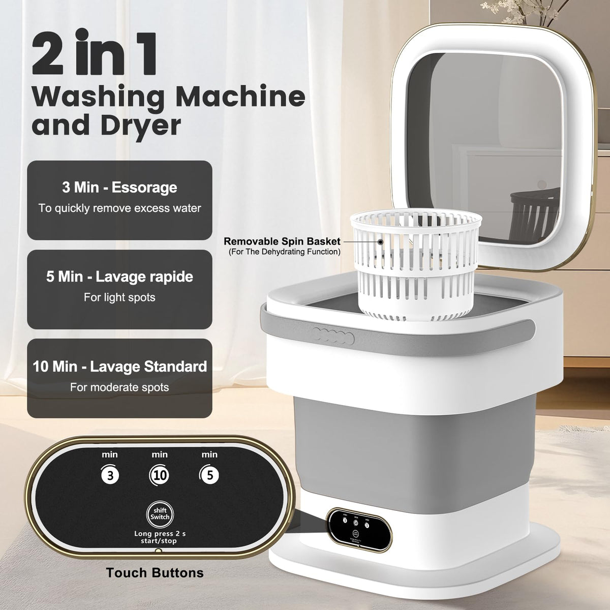 Mini Washing Machine, 15L Portable Washing Machine with Spin Dryer & 3 Cleaning Modes for Small Clothes, Foldable Portable Washer for Apartments, Dorms, Camping (Khaki)