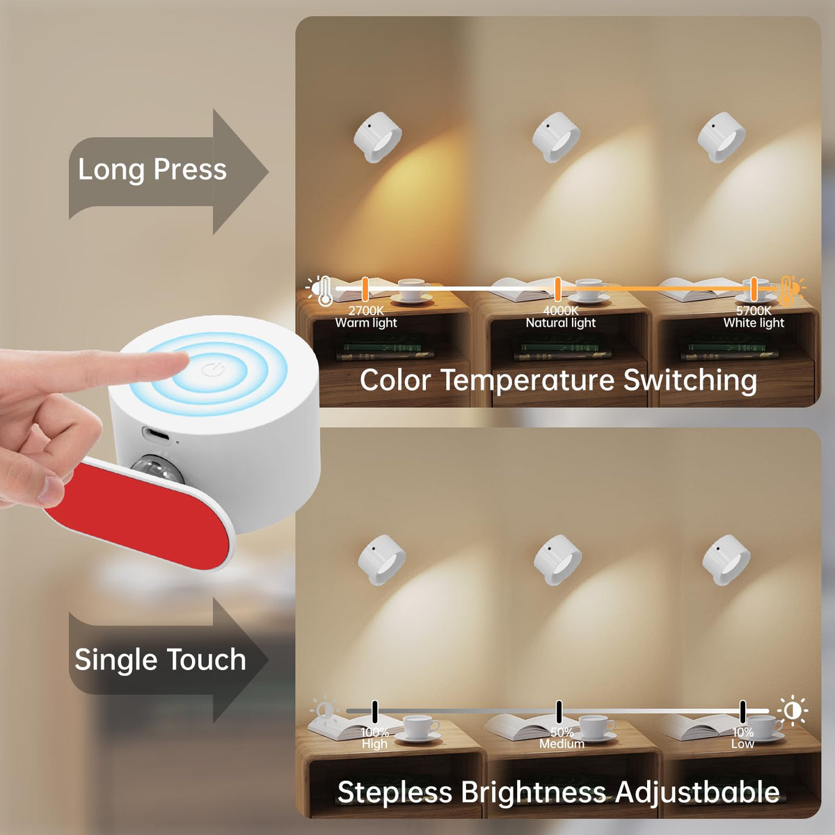 Coollamp LED Battery Operated Wall Lights, 3Pack Wall Lamp with Remote Control 3 Color Modes 3 Brightness Levels 360°Rotate Magnetic, Reading Lights for Living Room Bedroom Black