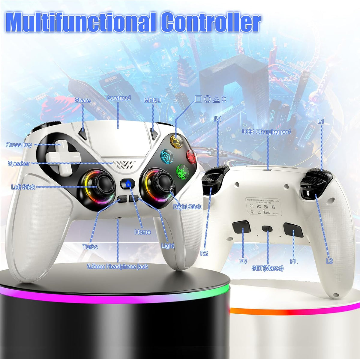 Dinosoo RGB Wireless Controller for PS5/Pro/Slim & PCs, Bluetooth Gamepad with Back Buttons, Touchpad, Macro, Turbo, Dual Vibration, 6-Axis Sensor, Speaker, 3.5mm Audio Jack,White
