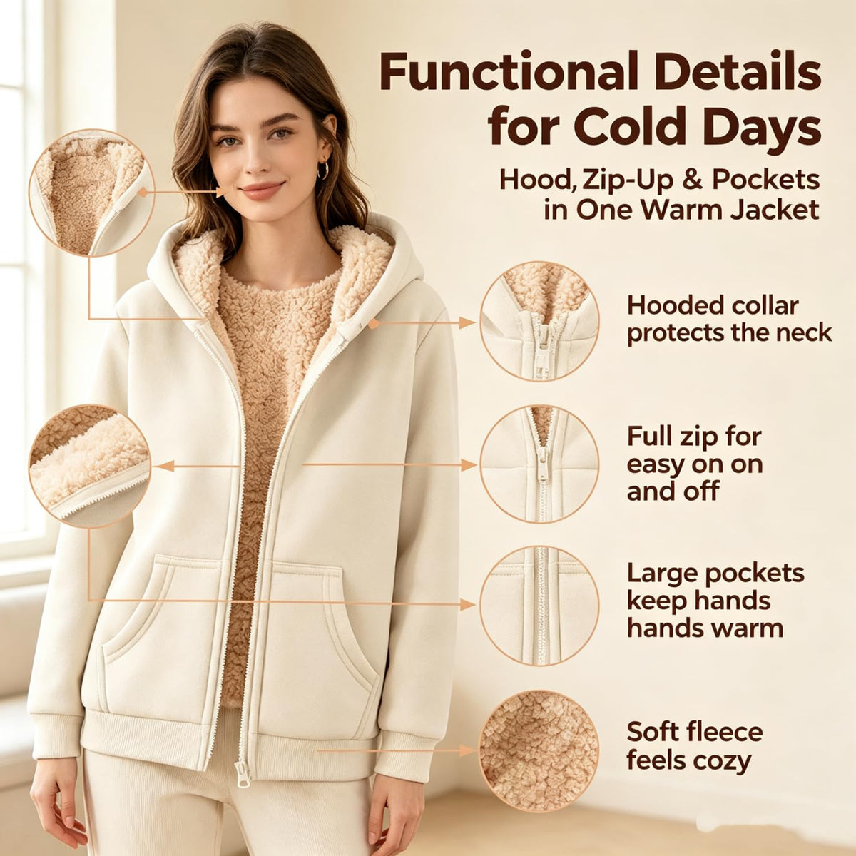 Womens Teddy Fleece Hoodies Sherpa Lined Fuzzy Jacket with Pockets Full Zip Hooded Sweatshirts Ladies Fall Winter Warm Jumper Coat Outwear Thermal Outfits Clothing