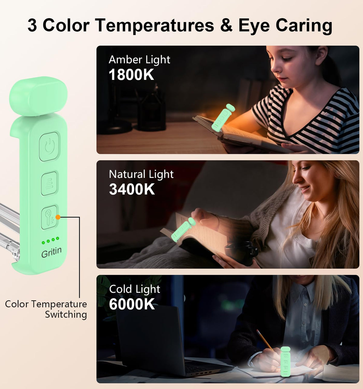 Gritin Book Light Rechargeable, Reading Light Lamp Clip on Books