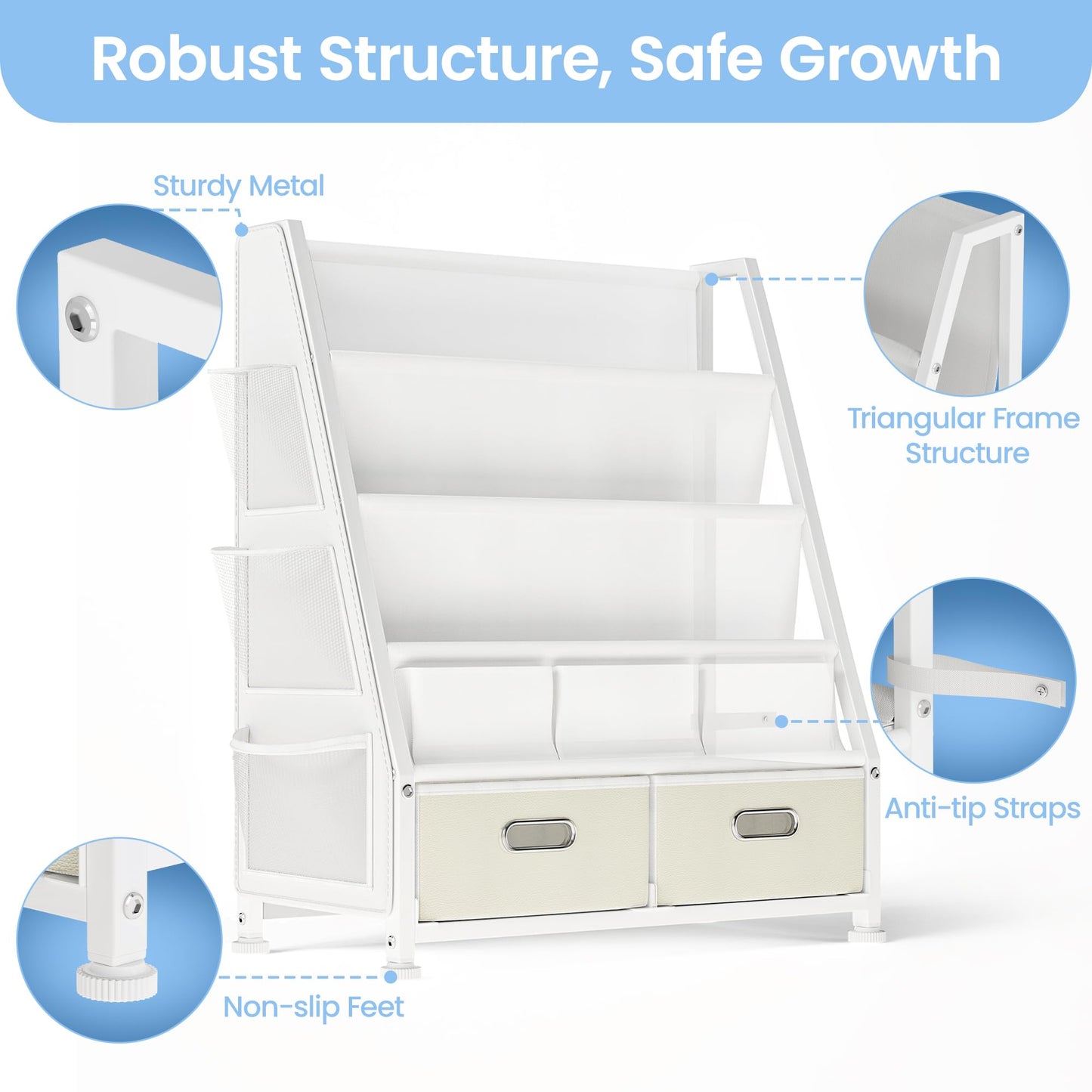 GoTiling Kids Bookshelf and Toy Storage Organizer: 3-Tier Sling Book Shelf with 3 Side Pockets for Kids Room - Toy Storage Organizer with 2 Fabric Drawers for Nursery, Bedroom, Playroom