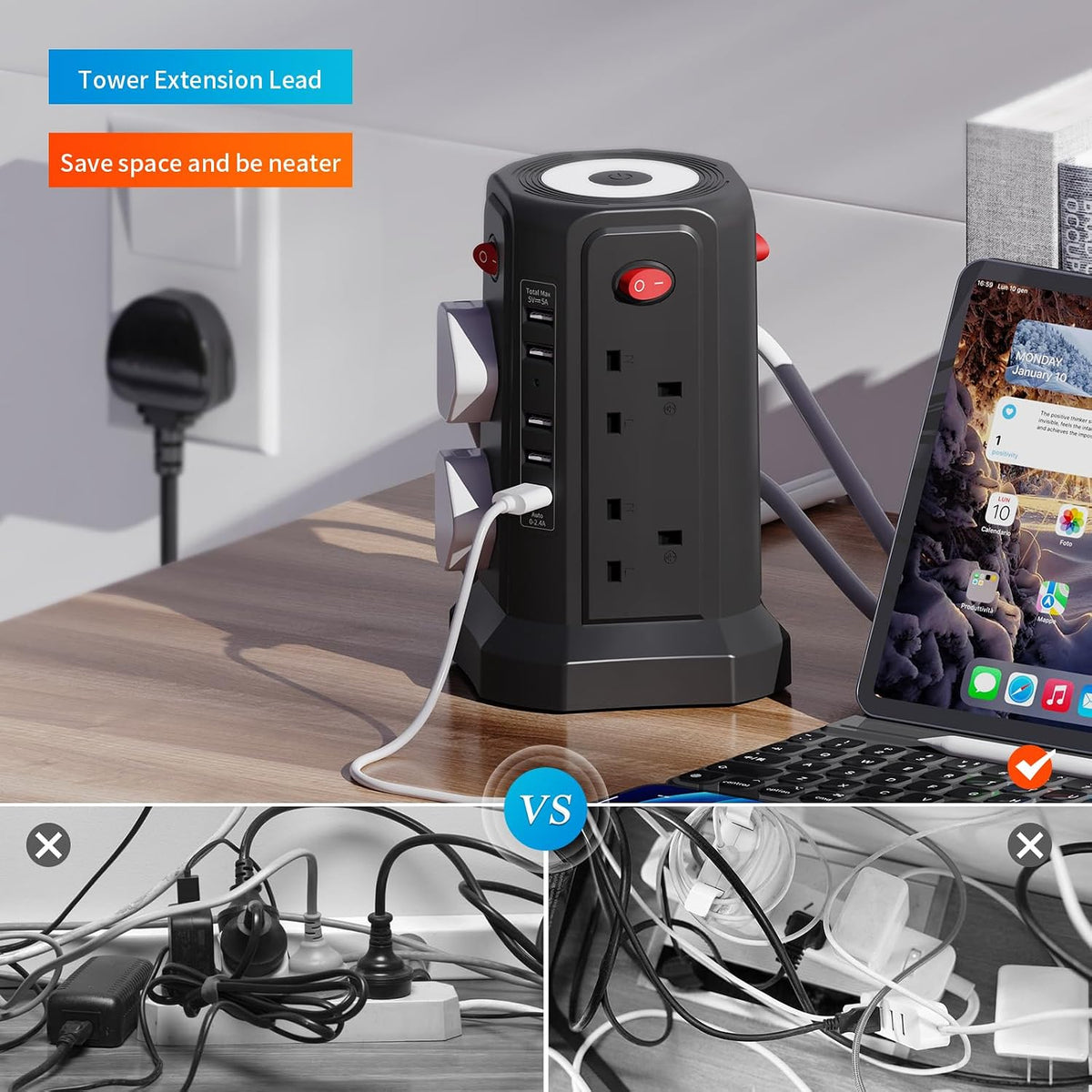 HAFINO Tower Extension Lead 3M with USB Slots and Night Light, 4 Switches