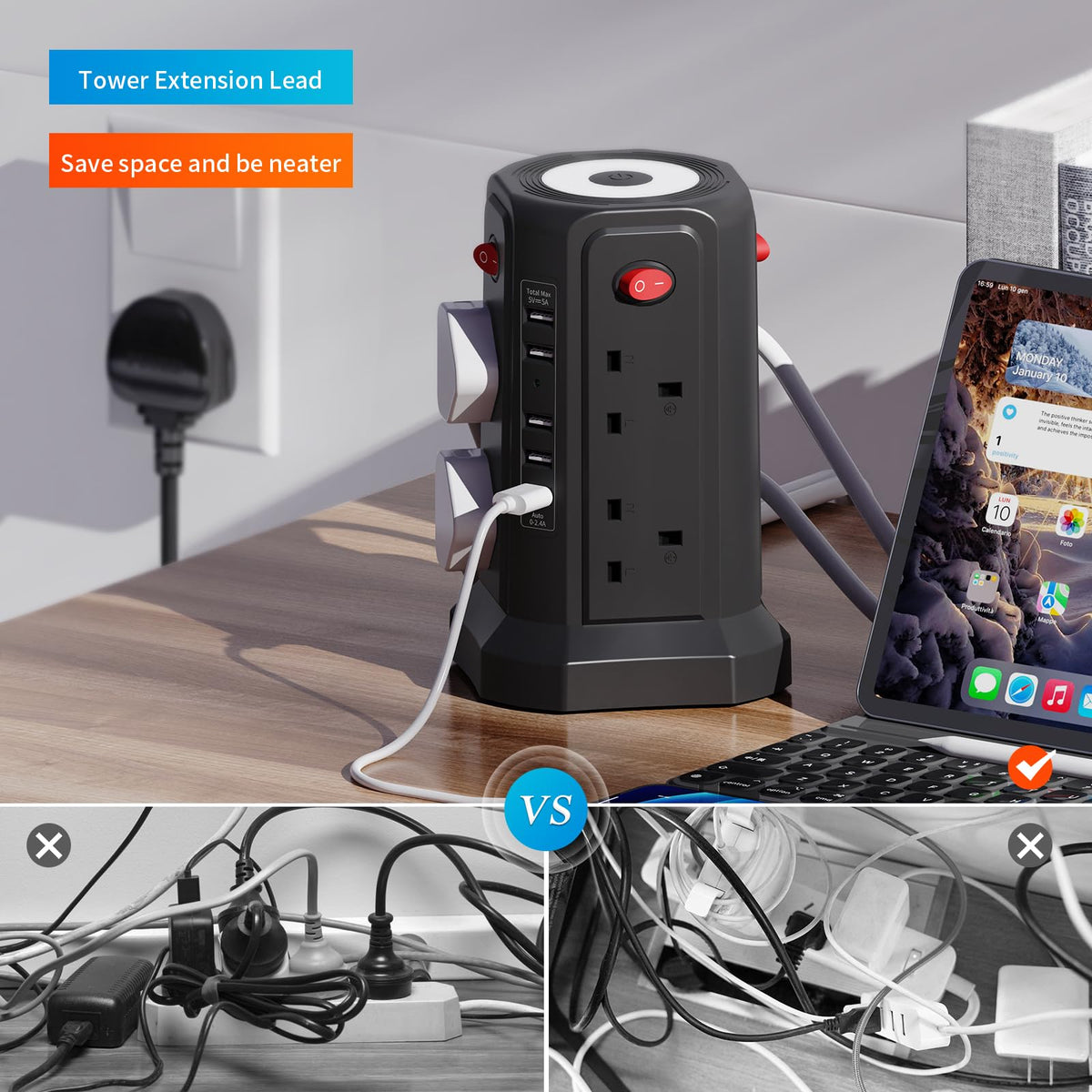 HAFINO Tower Extension Lead 3M with USB Slots and Night Light, 4 Switches