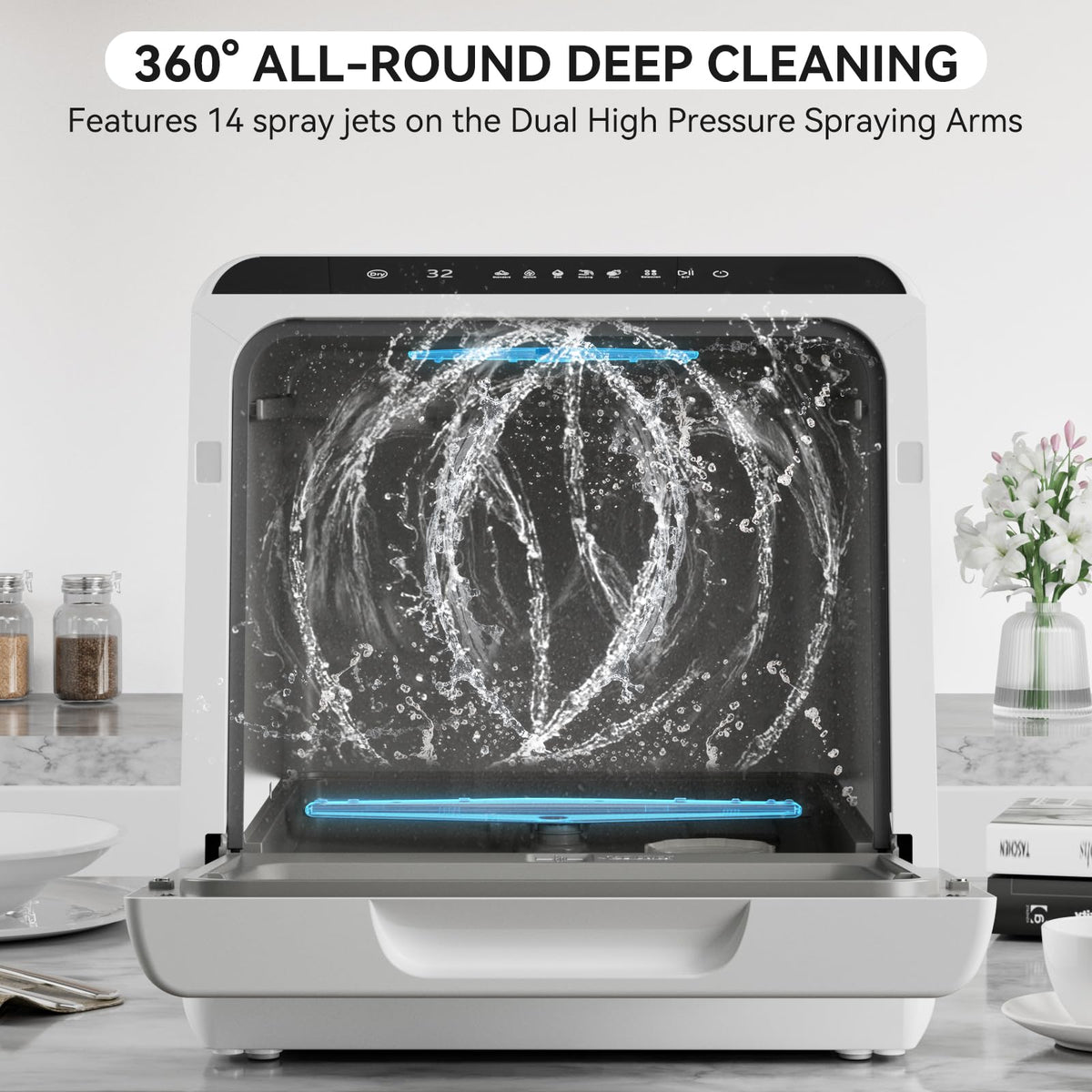 Hermitlux Table Top Dishwasher, Mini Countertop Dishwasher with 4 Place Settings, 5L Built-in Water Tank, 6 Programmes, Touch Control, Baby Care and Fruit Wash, White