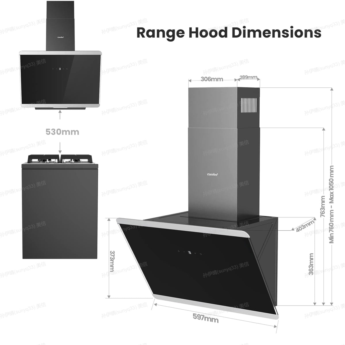 COMFEE' 60cm Angled Cooker Hood, A++, Wall Mounted, Black