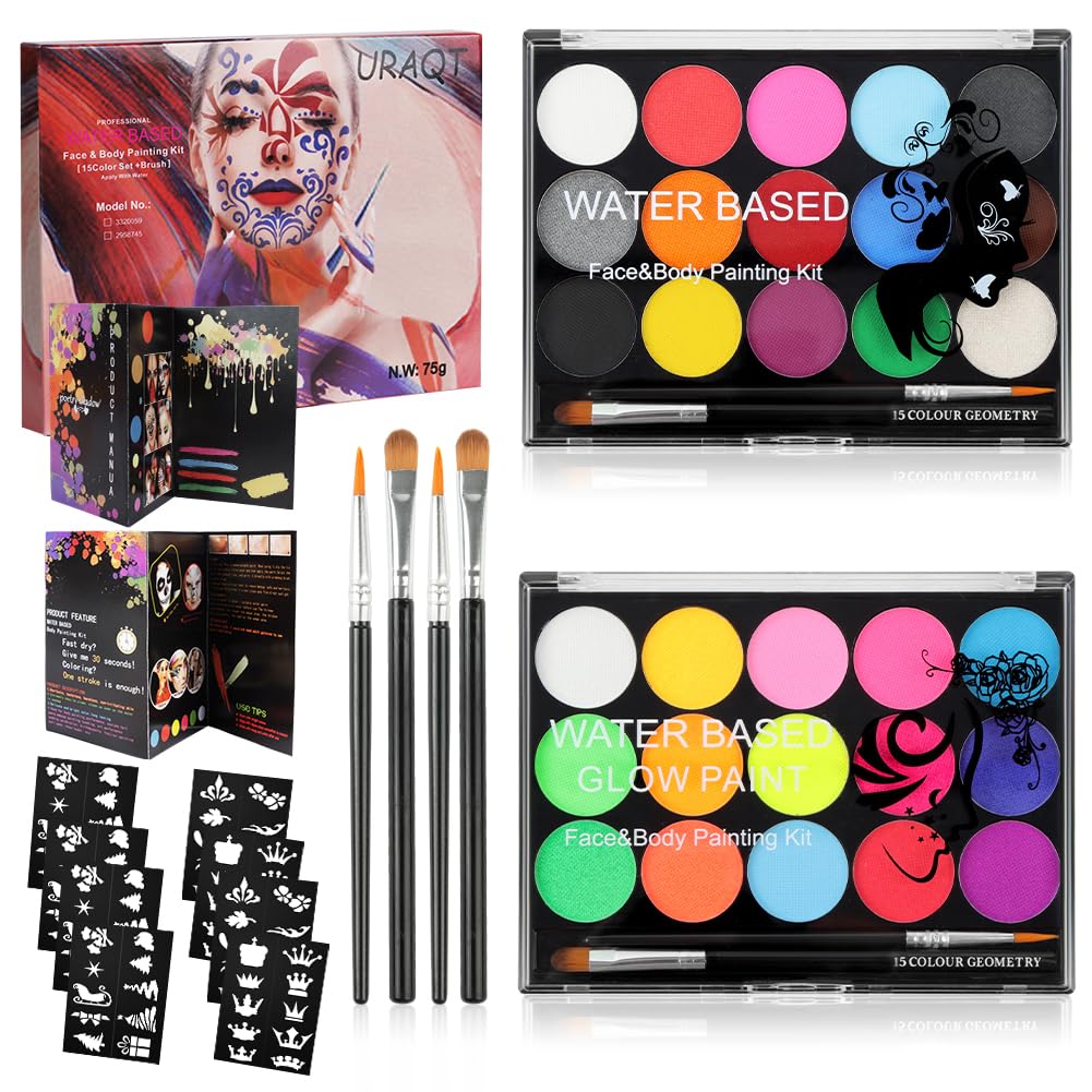 URAQT Face Paint Kit, 15 Color Face & 15 Color Neon Ultraviolet Painting with 2 Brushes 80 Stencils, Washable Safe Body Paint for Adults Kids Halloween Party Carnival, Makeup Paint Non-Toxic to Use