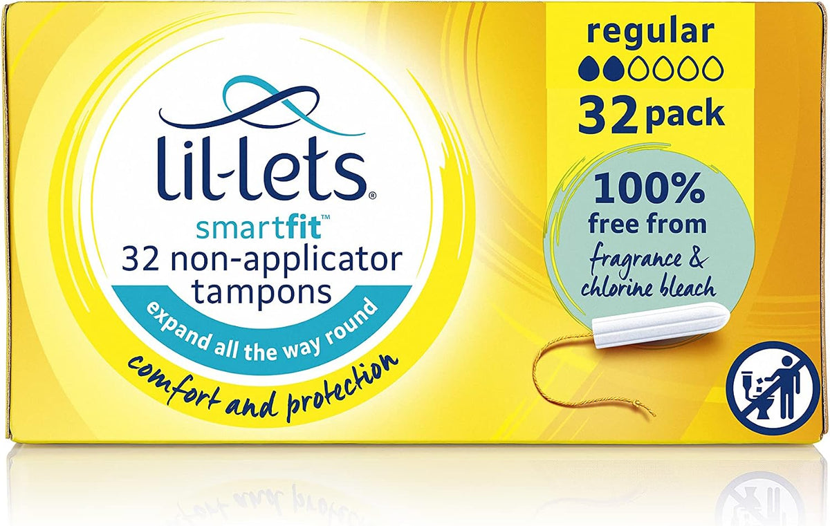 Lil-Lets Non-Applicator Regular Tampons, 32 Count (Pack of 1), For Light to Medium Flow, 2 Droplets, Plant-Based, SmartFit™ Non-App Tampon
