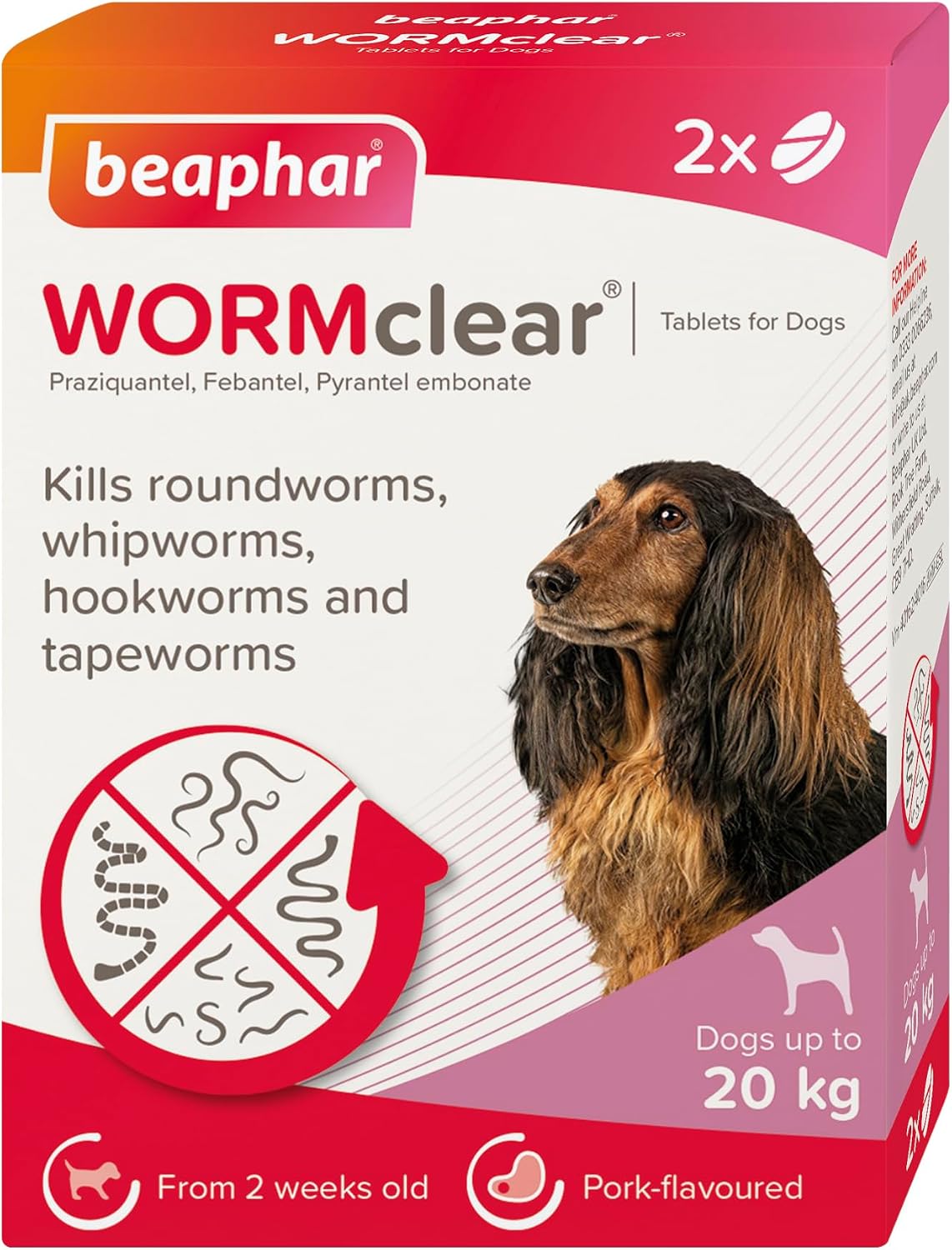 Beaphar - WORMclear® Tablets for Dogs up to 20kg - 2 Tablets - Kills All Common UK Intestinal Worms (Roundworms & Tapeworms) - Vet Strength Wormer - Pork-Flavoured - For dogs over 2 weeks old & 3kg