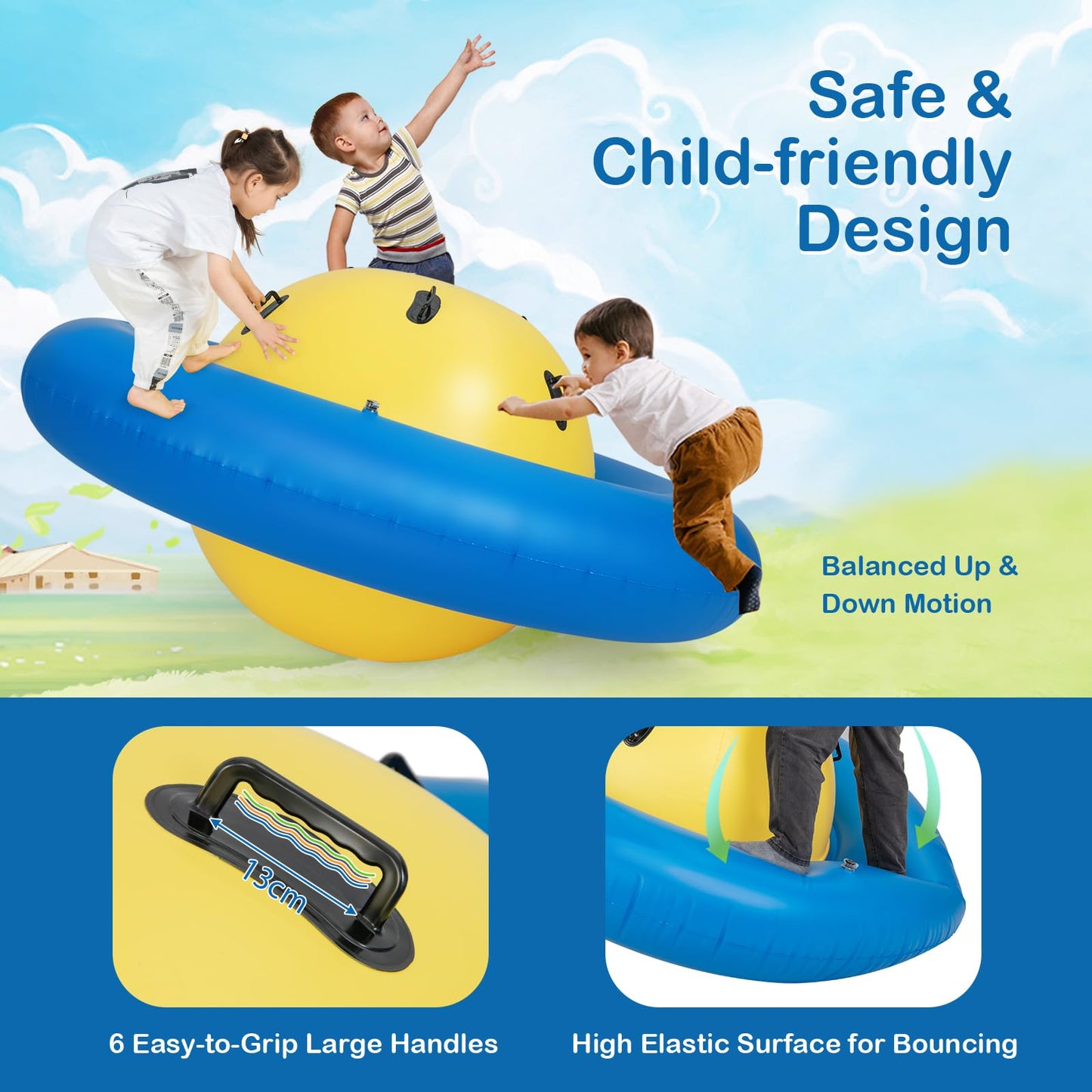 GYMAX 88'' Inflatable Dome Rocker Bouncer, Giant Inflatable Rocking Planet with 6 Handles, Indoor Outdoor Large Blow Up Rocking Ball for 5 Years Old+ Boys Girls, Max Weight 113kg (Pink+Green)