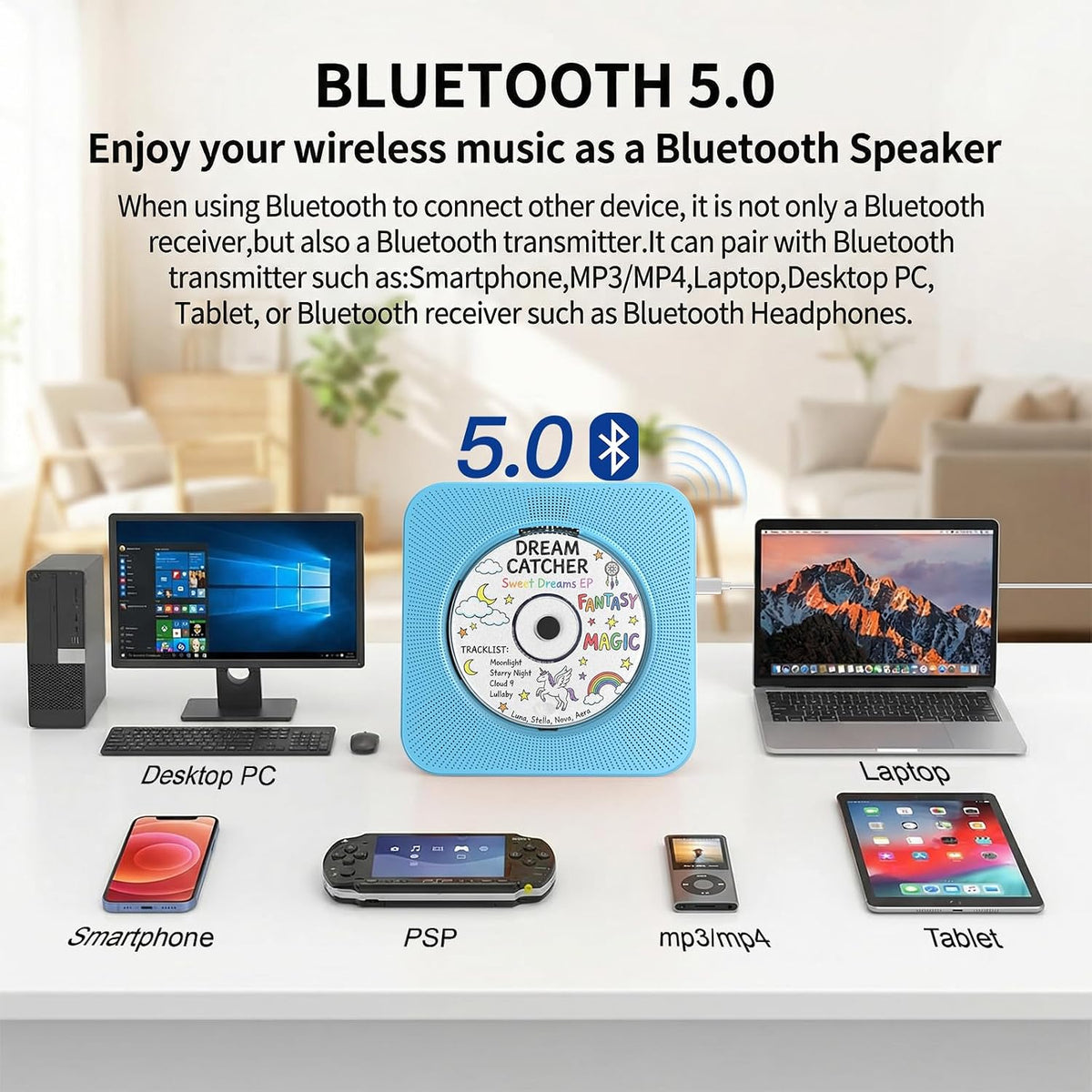 Portable CD Player with Bluetooth, Gueray Desktop CD Players for Home, Bulit-in Double HiFi Speakers, AUX&Headphone Jack, FM Radio Boombox with Remote Control, USB Port,LCD Display (Blue)