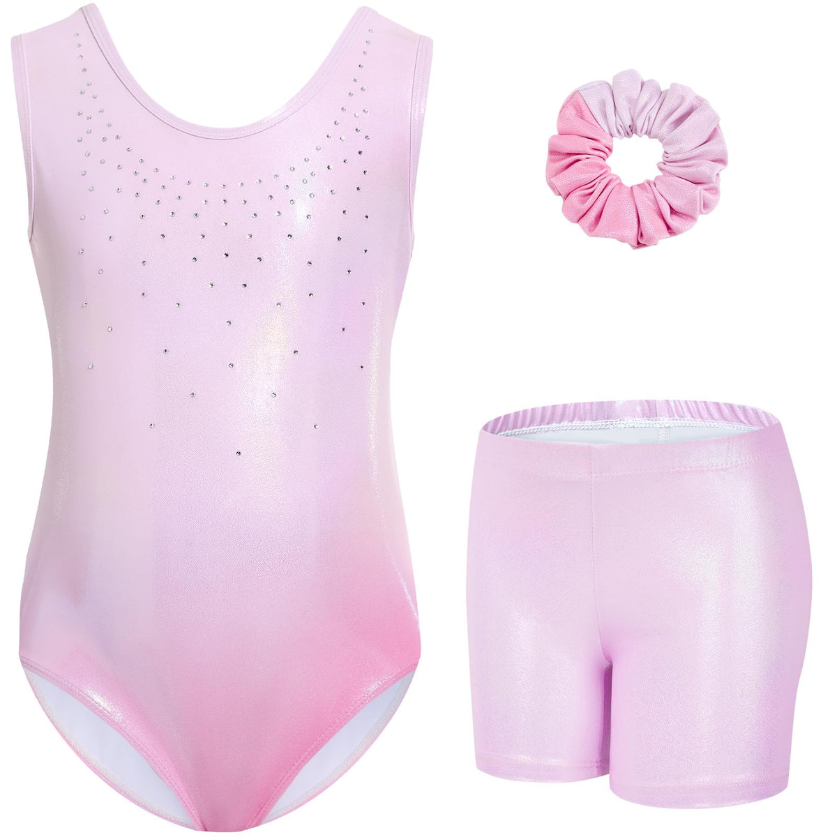 Gogokids Girls' Three-Piece Gymnastics Set, Sleeveless Leotards with Shorts and Hairband, Sparkling Ballet Dancing Unitards - Gymnastics Outfit with Gradient Color Design for 3-12 Years